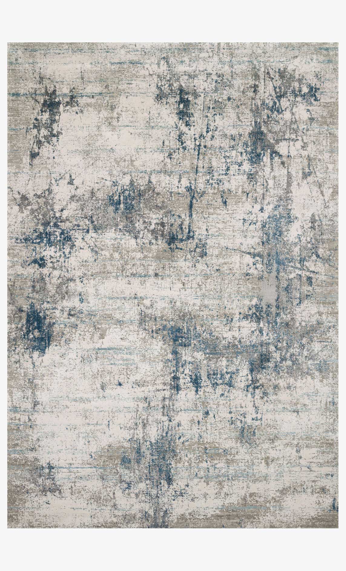Ivory power-loomed rug with distressed blue abstract pattern, rectangular.