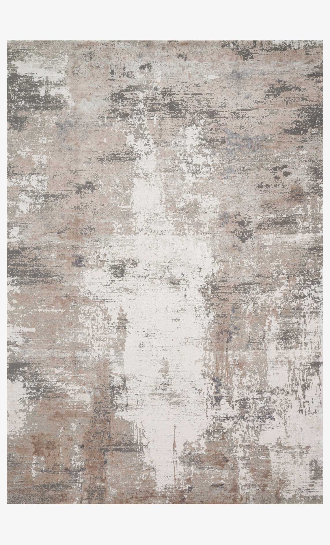 Ivory and sand abstract distressed area rug with mottled, textured pattern