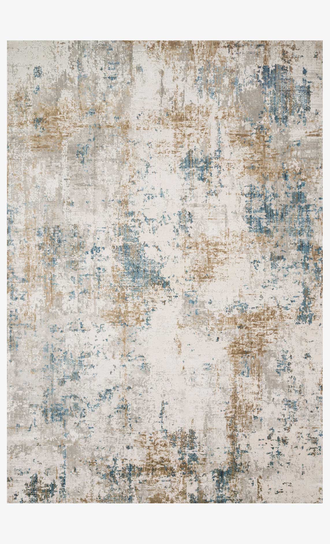 Ivory abstract power-loomed rug with distressed gold and blue motifs
