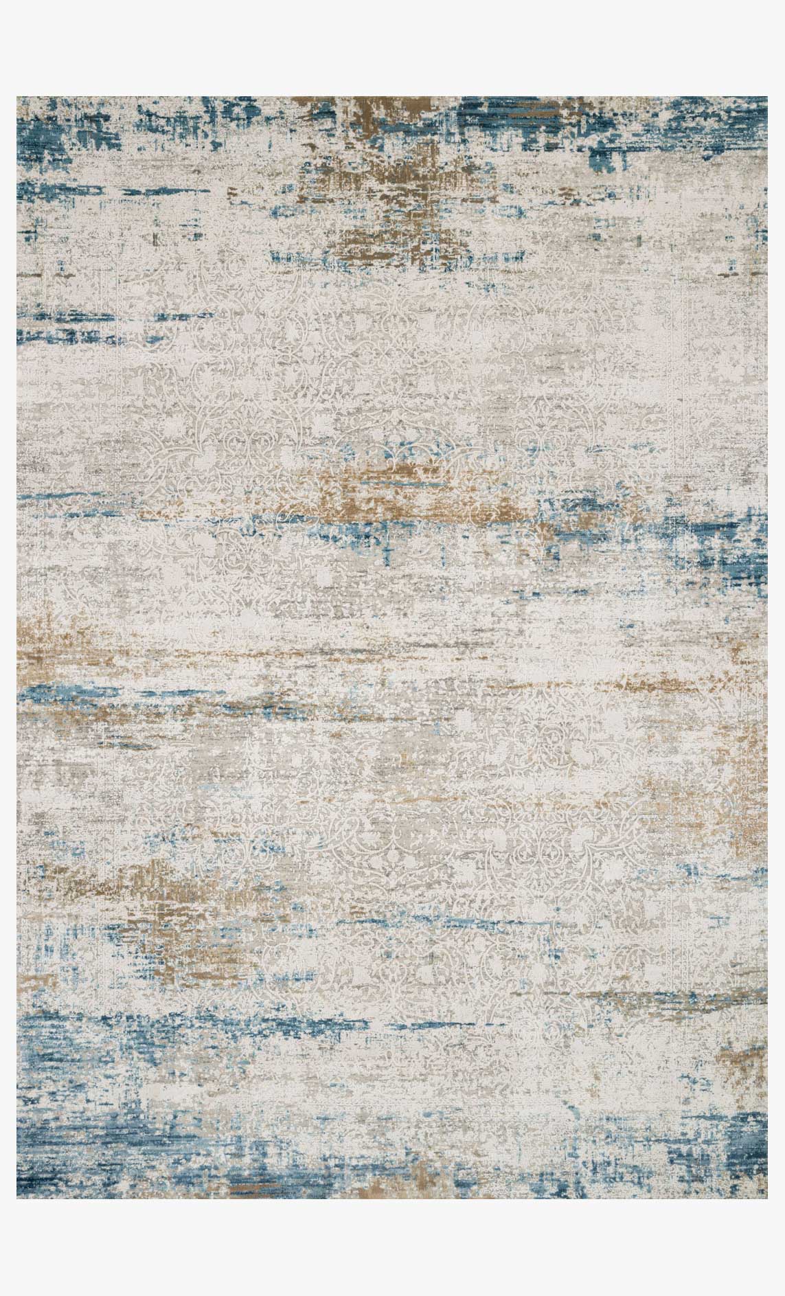 Ivory and azure abstract distressed power loomed rug, rectangular, textured pattern