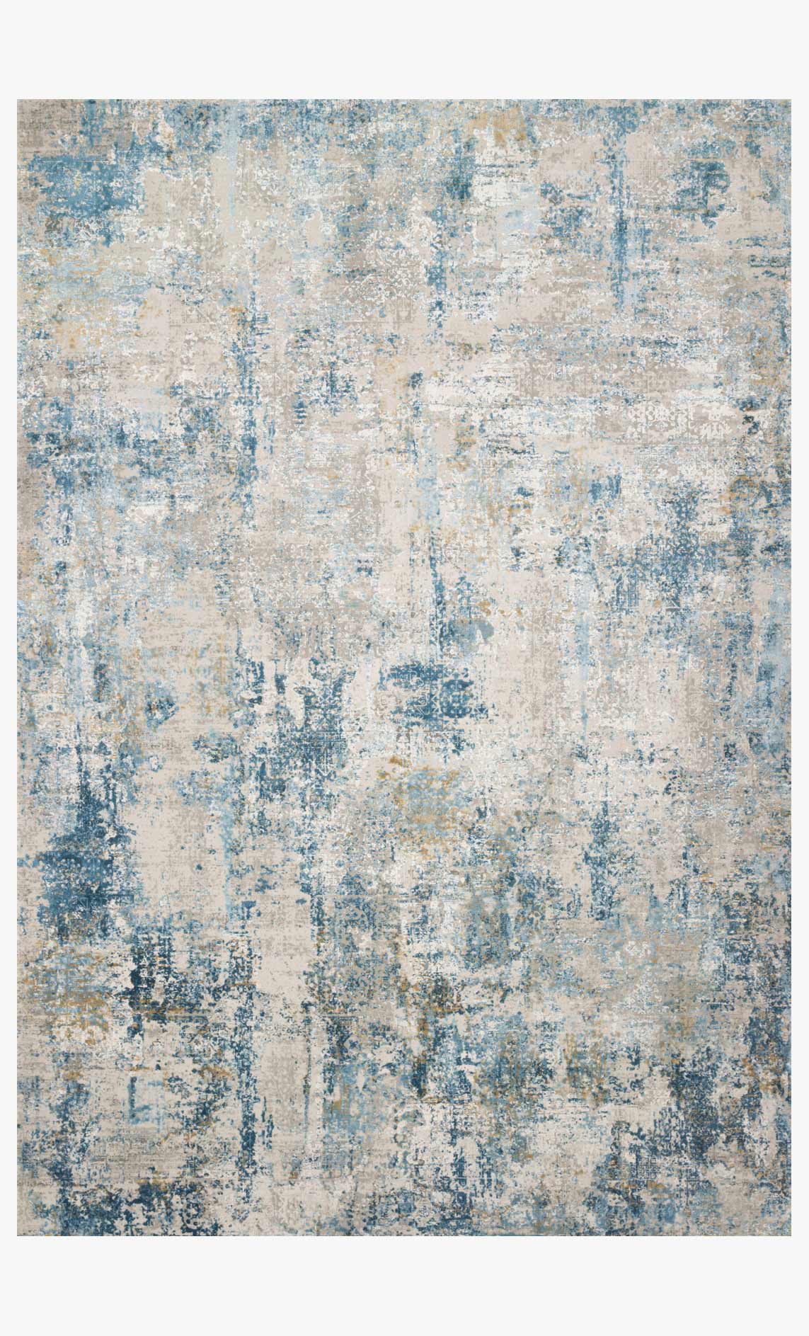 Abstract area rug with distressed grey and blue pattern, power-loomed pile.