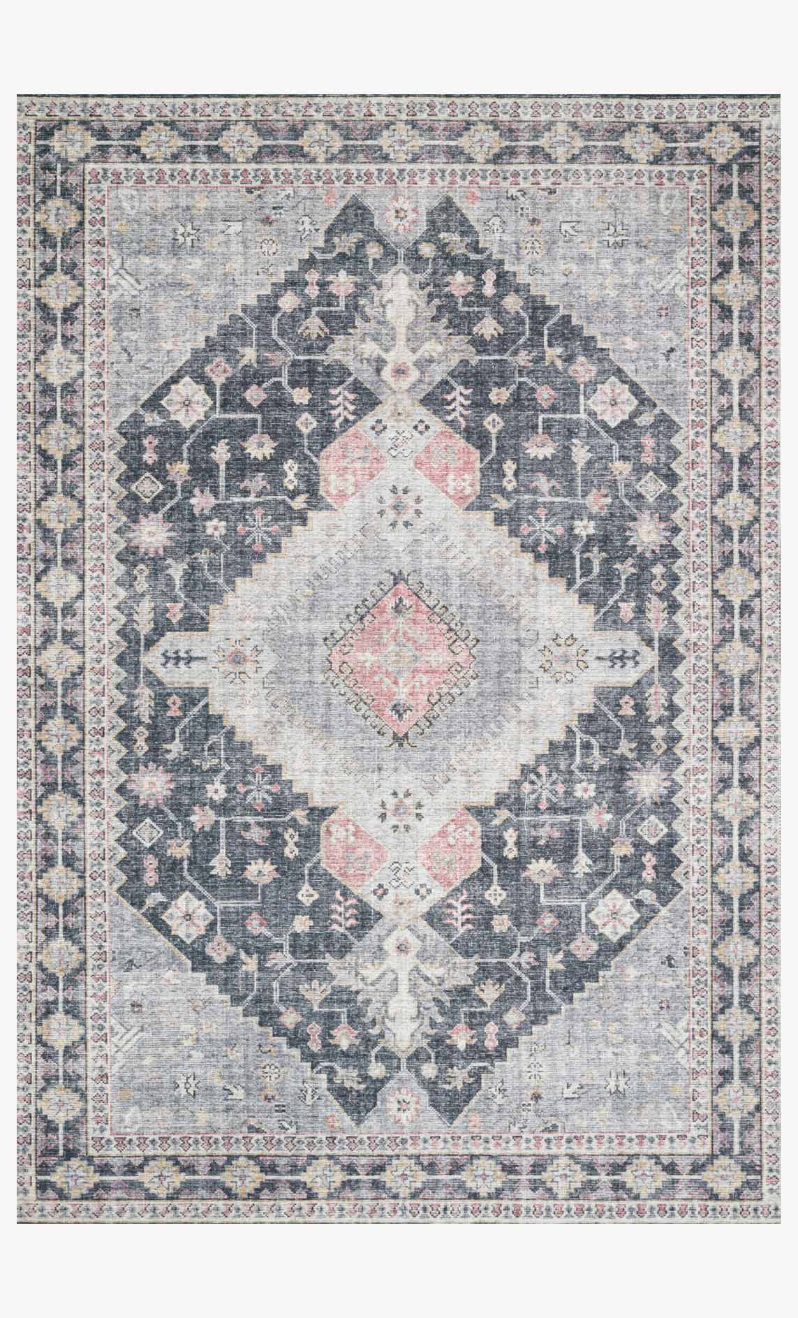 Charcoal-gray traditional power-loomed area rug with diamond medallion and border