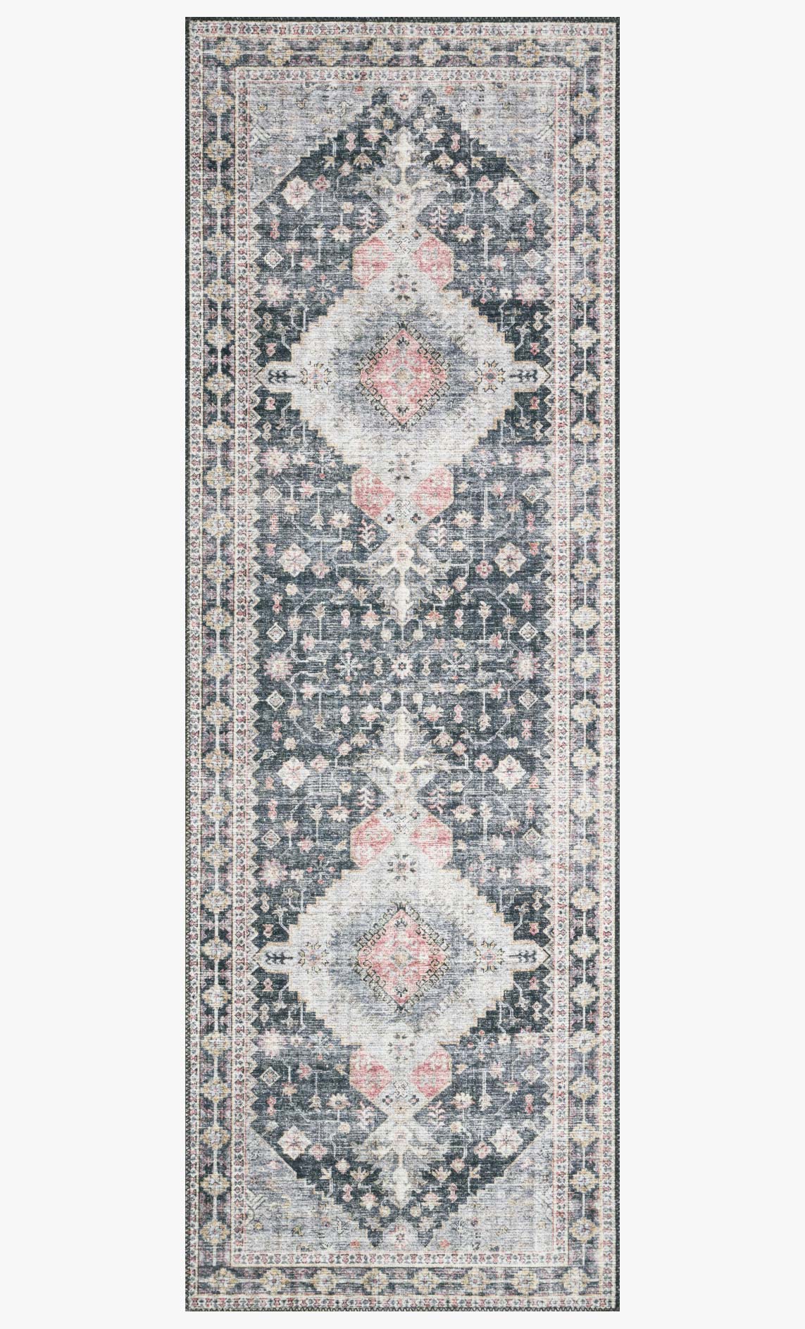 Vertical view of charcoal gray rug featuring repeating diamond medallions and ornate border