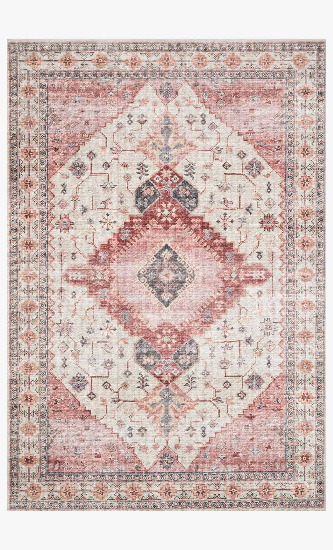 Ivory and berry traditional rug with diamond medallion pattern and ornate border