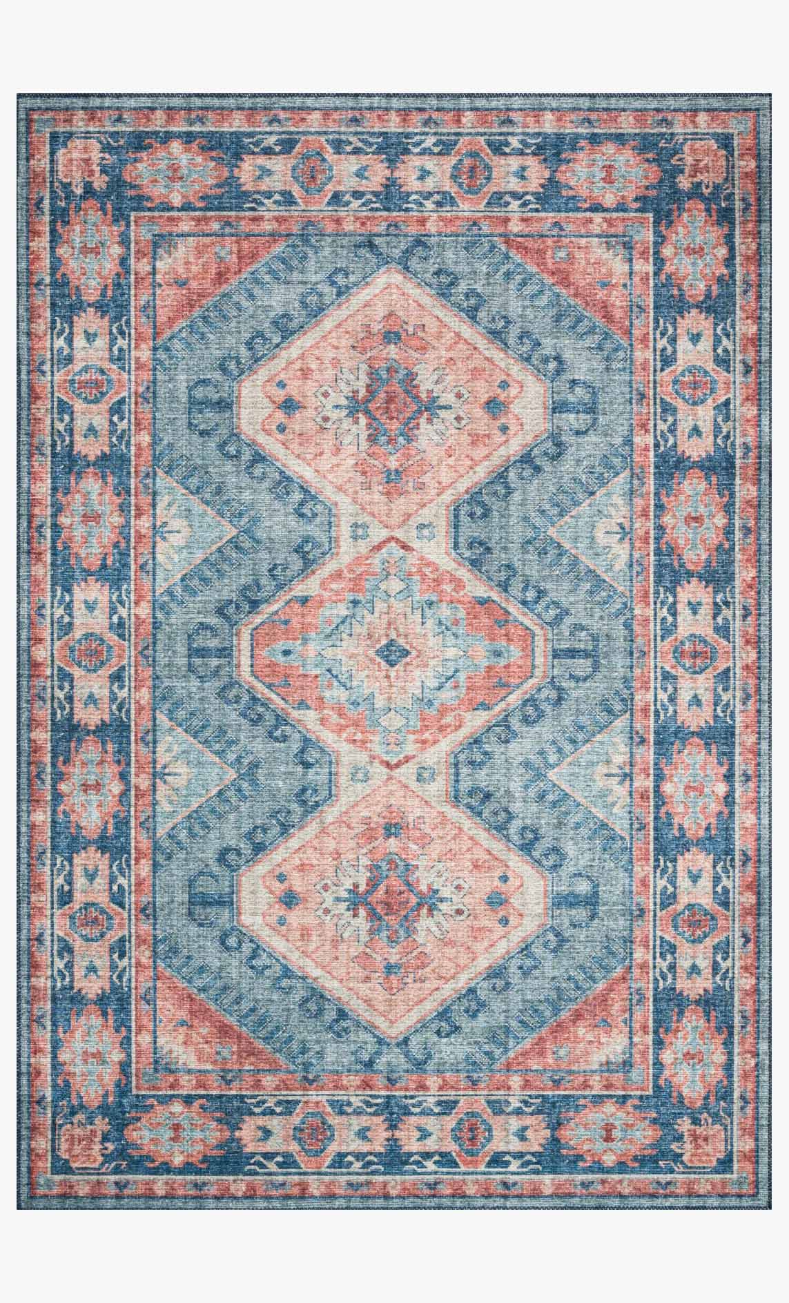 Traditional power-loomed rug with turquoise and terracotta medallion pattern border