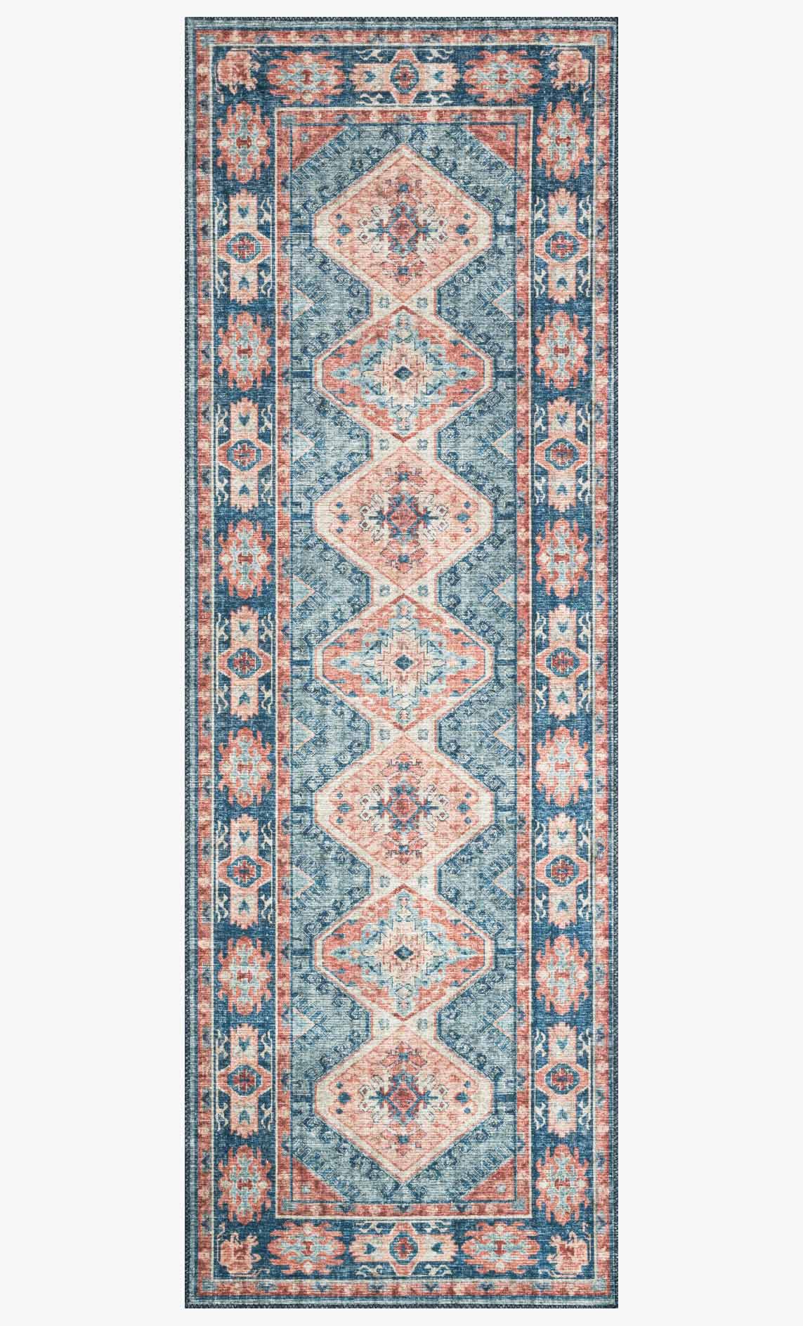 Turquoise vertical rug with central stack of diamond medallions and decorative border