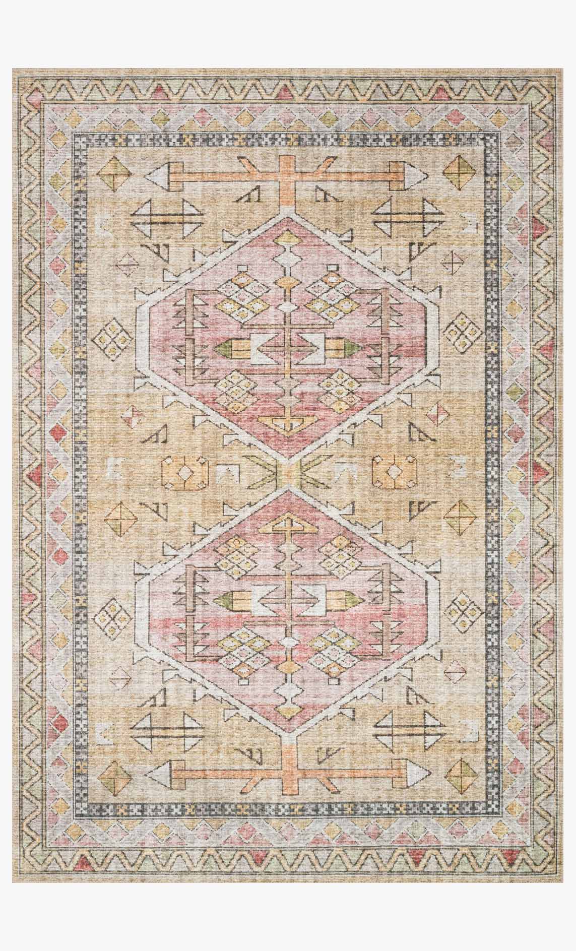 Traditional power loomed area rug with geometric motifs in gold and blush tones