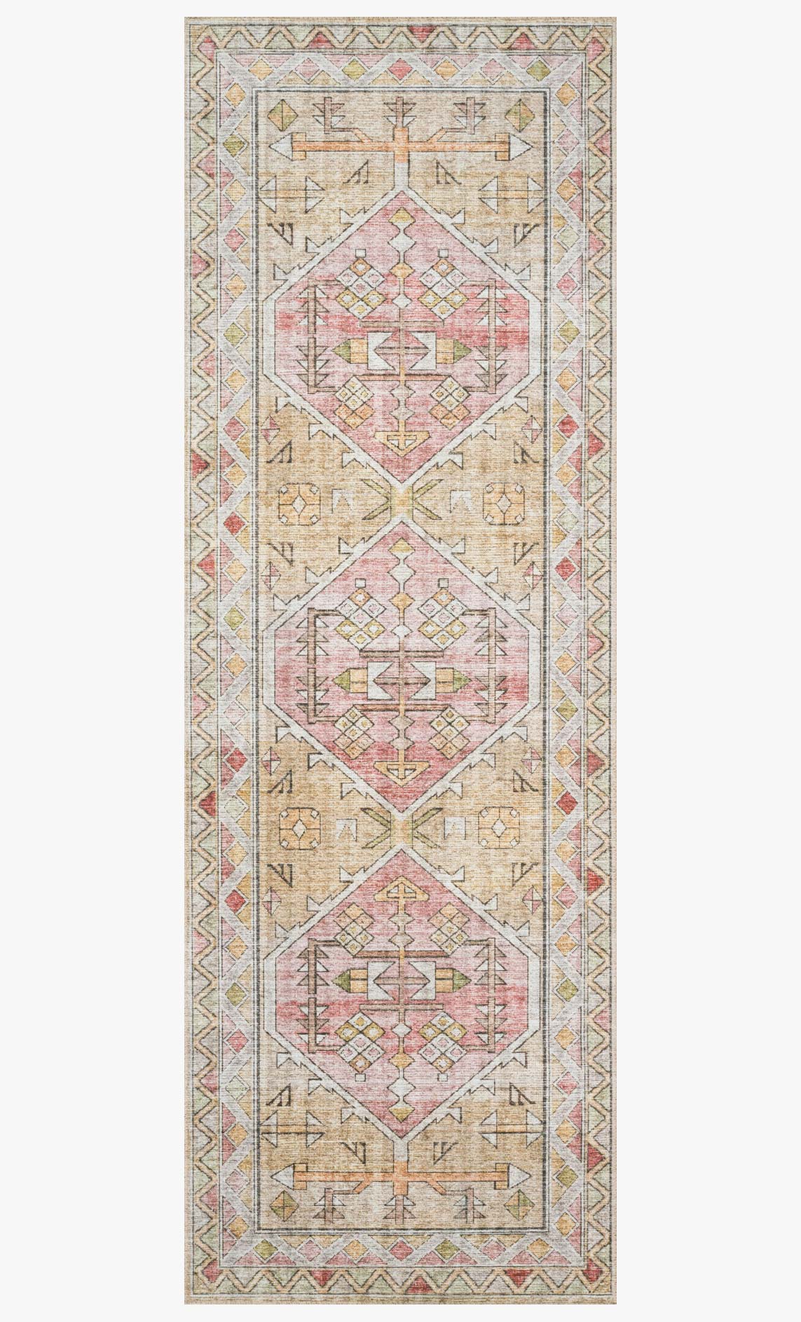 Traditional power-loomed rug featuring stacked diamond medallions in gold and blush