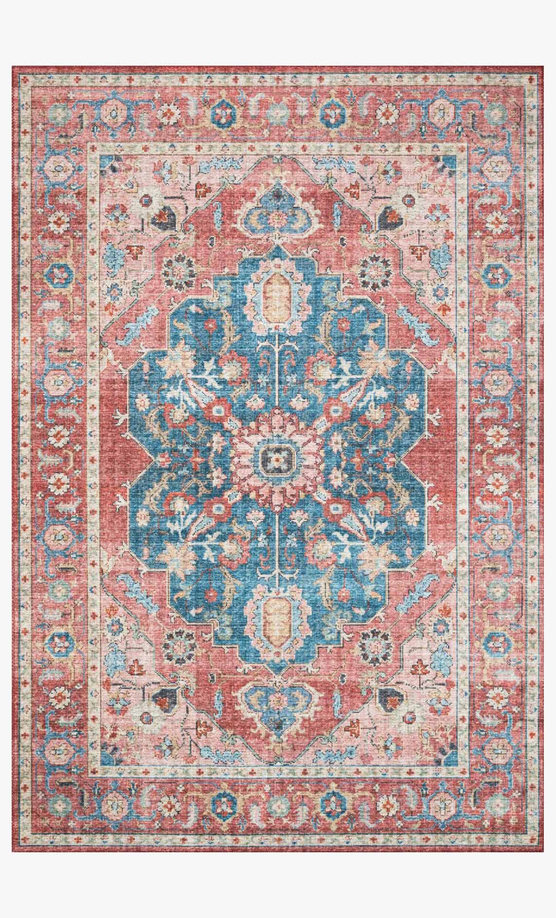 Traditional brick and ocean area rug with ornate medallion center and border details