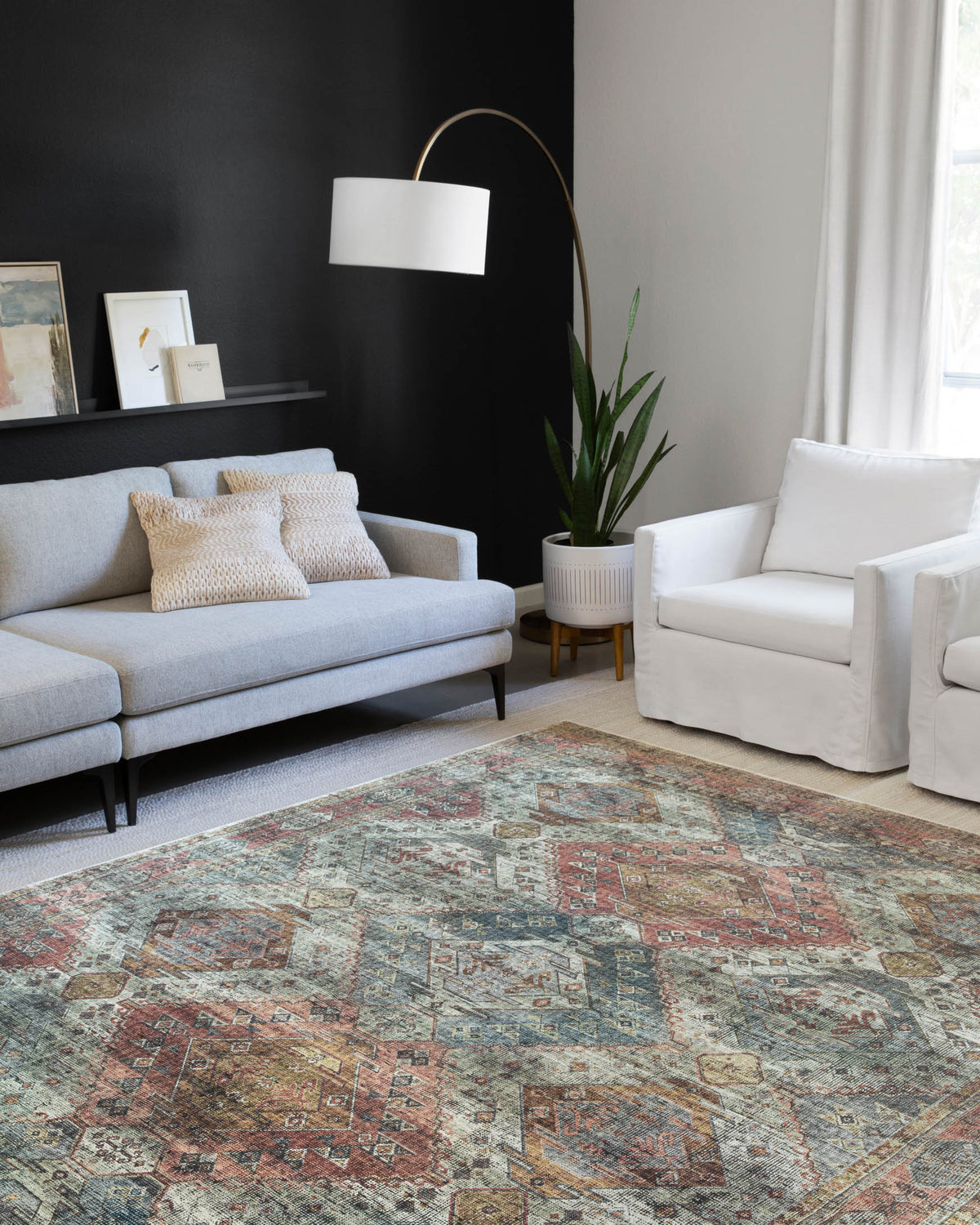 Rectangular apricot and mist rug with distressed geometric pattern, multicolor surface
