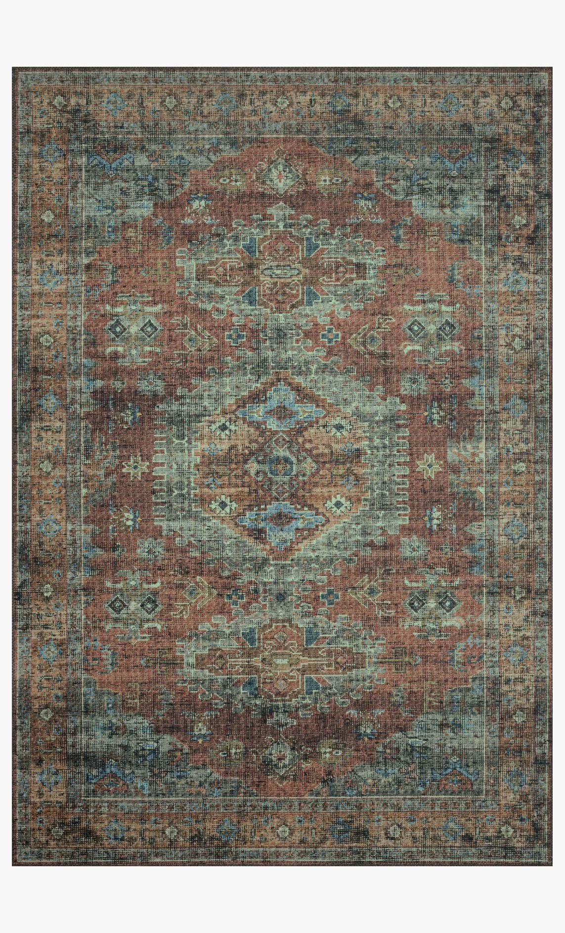 Traditional power-loomed rectangular rug with terracotta and sky medallion pattern.