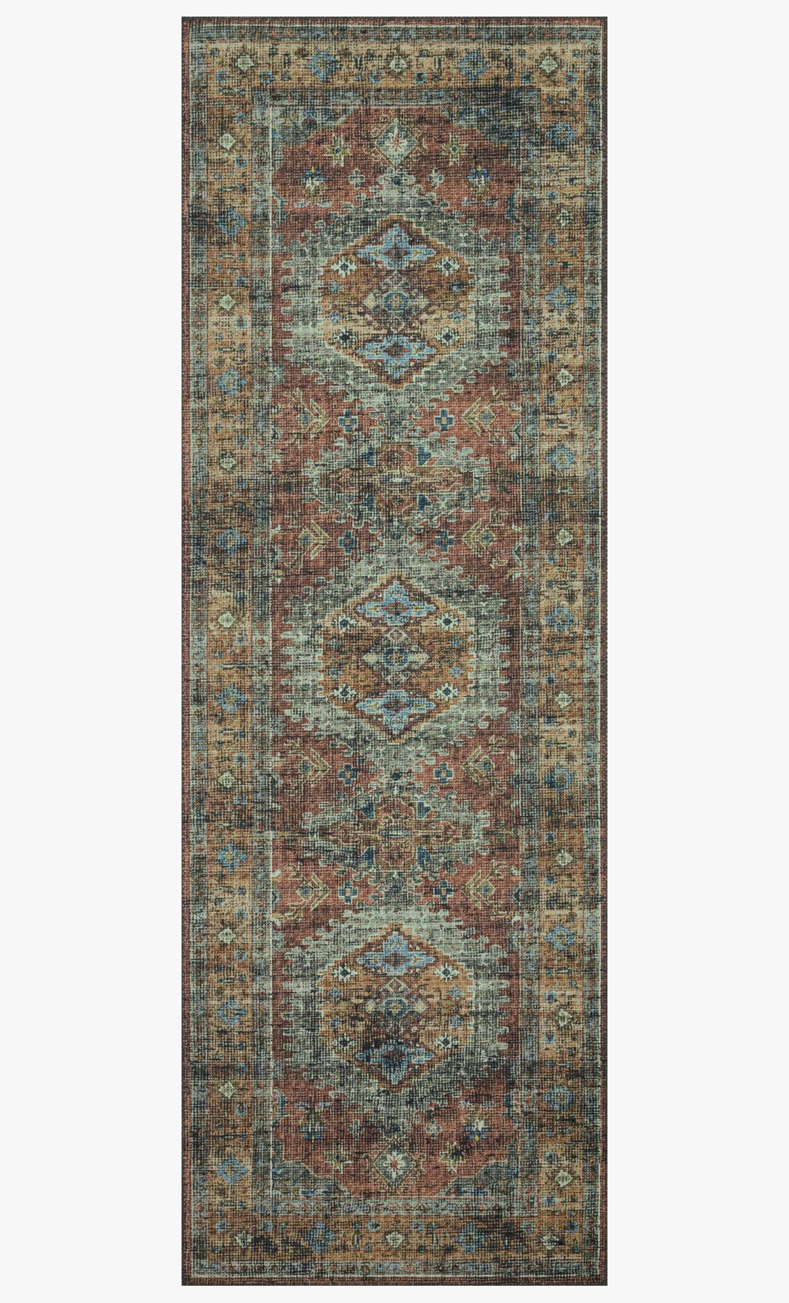 Rectangular traditional power-loomed rug in terracotta and sky with geometric medallion