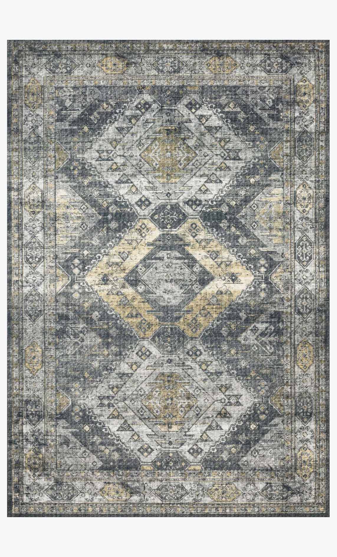 Geometric power-loomed rug in graphite and silver with subtle gold accents