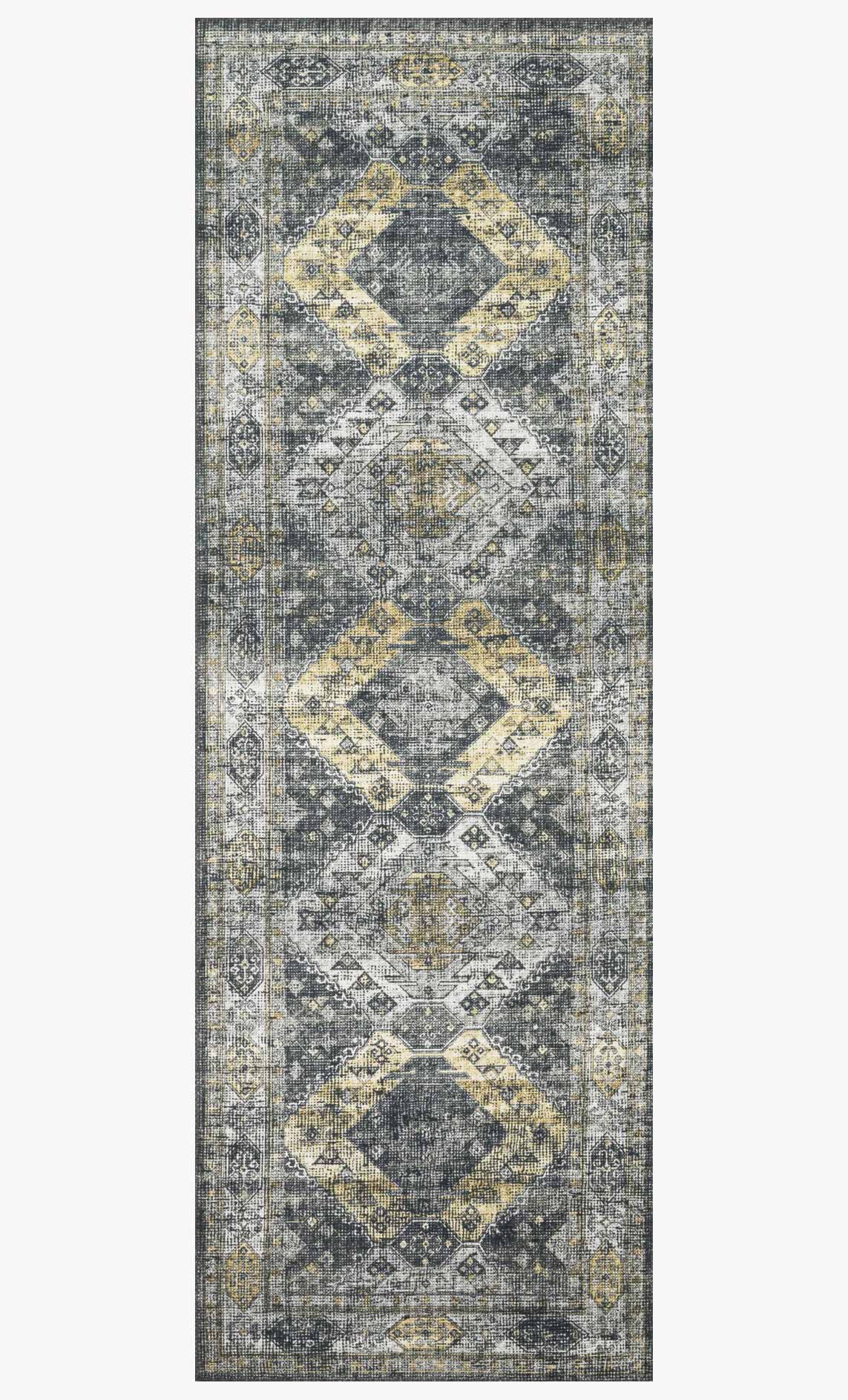 Rectangular graphite and silver geometric rug with stacked diamond motifs