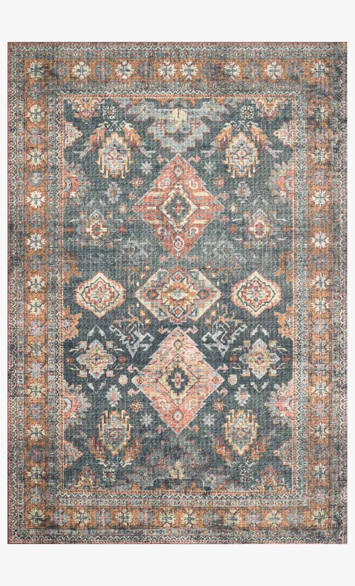 Traditional power-loomed rug with sea blue and rust geometric medallion pattern, border