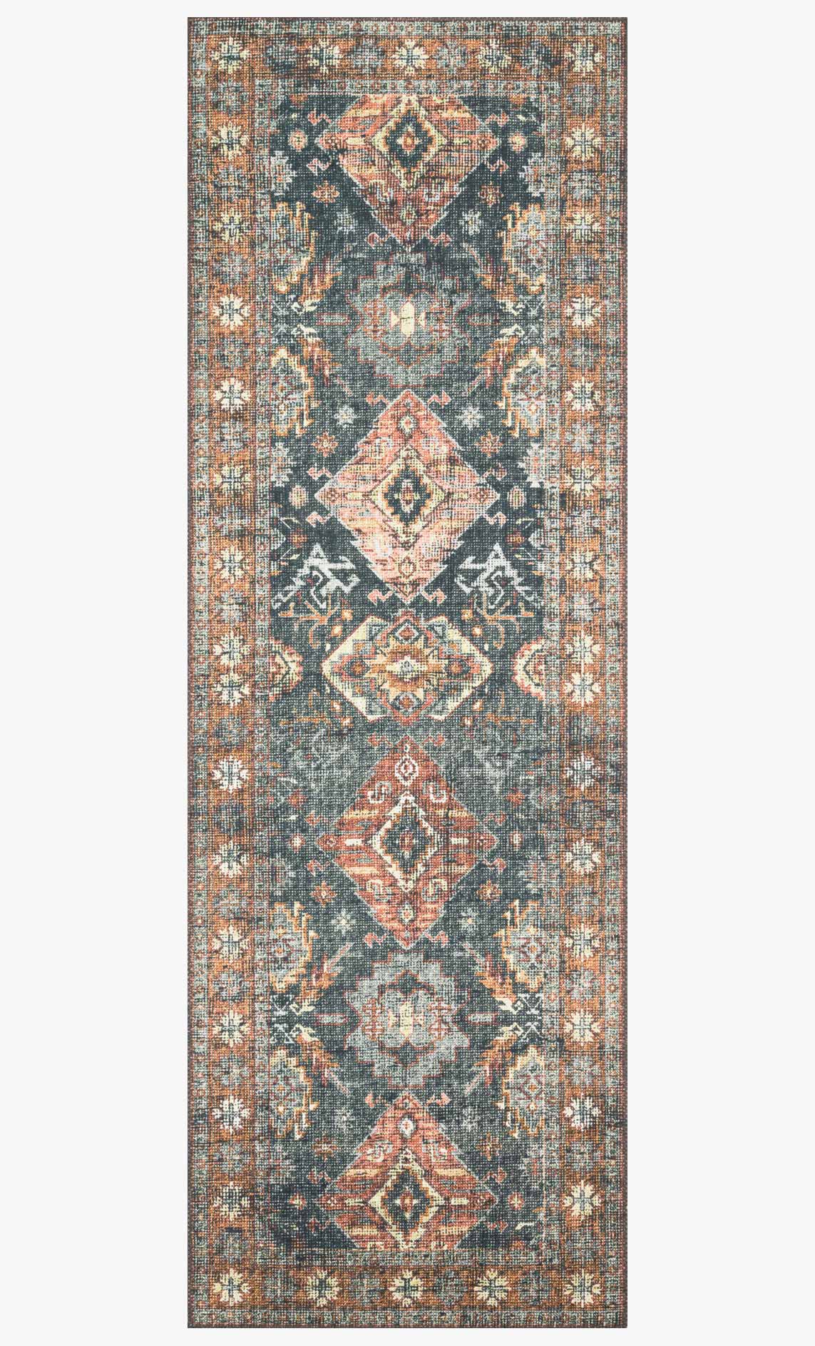 Traditional rug with teal field, rust diamond motifs, and ornate patterned border