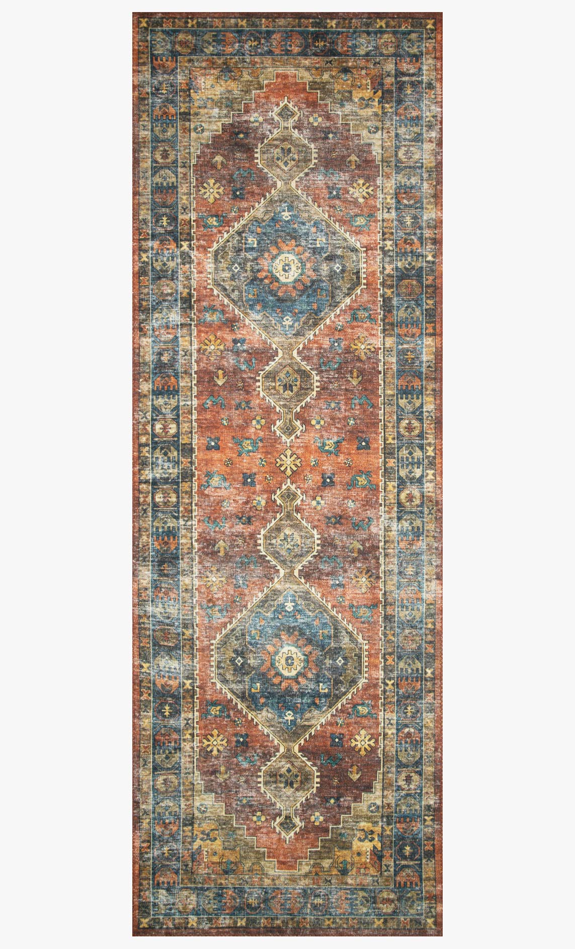 Traditional power-loomed rug with rust and blue vertical medallion pattern and border