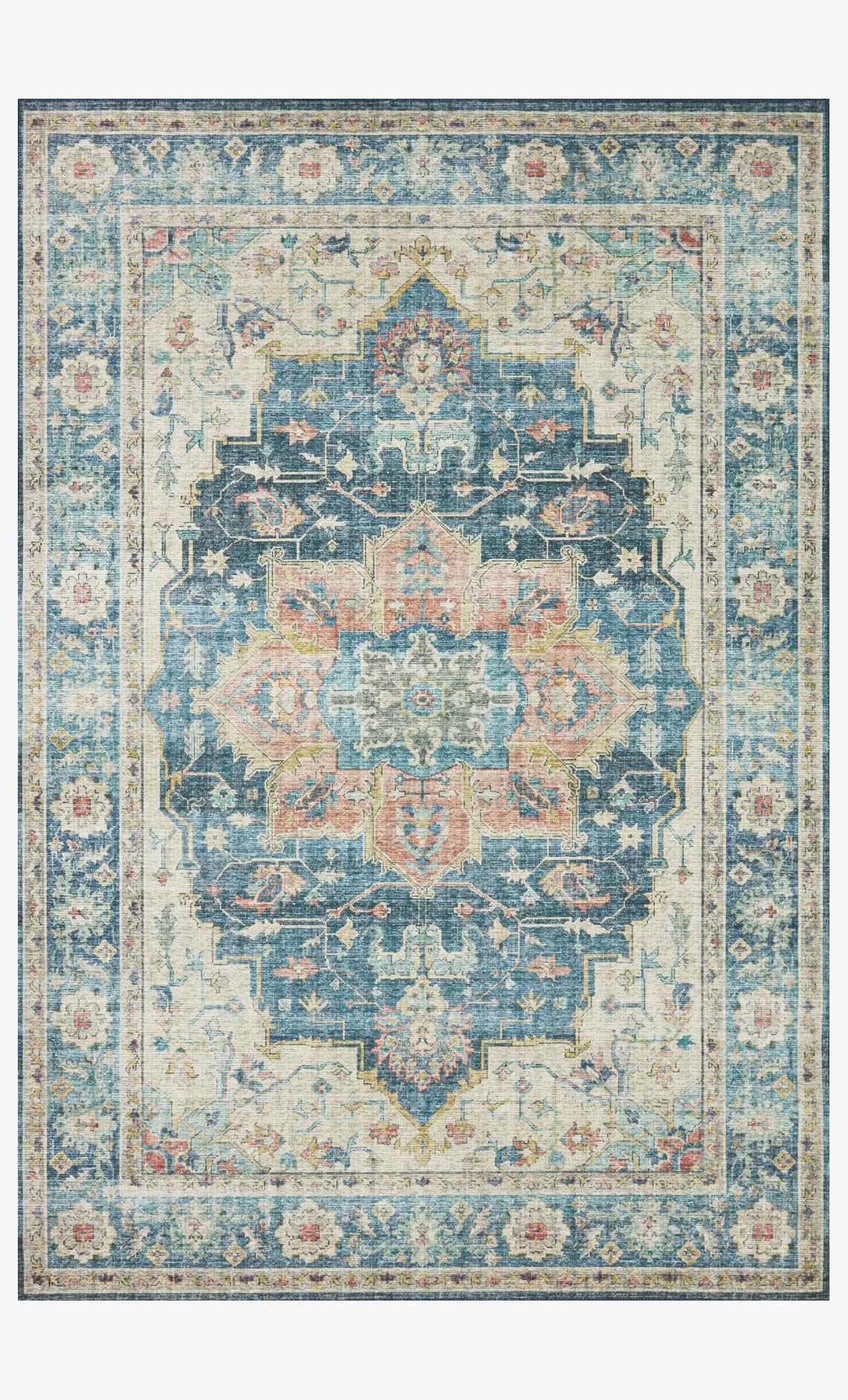 Traditional power-loomed rug with ocean-blue distressed medallion pattern