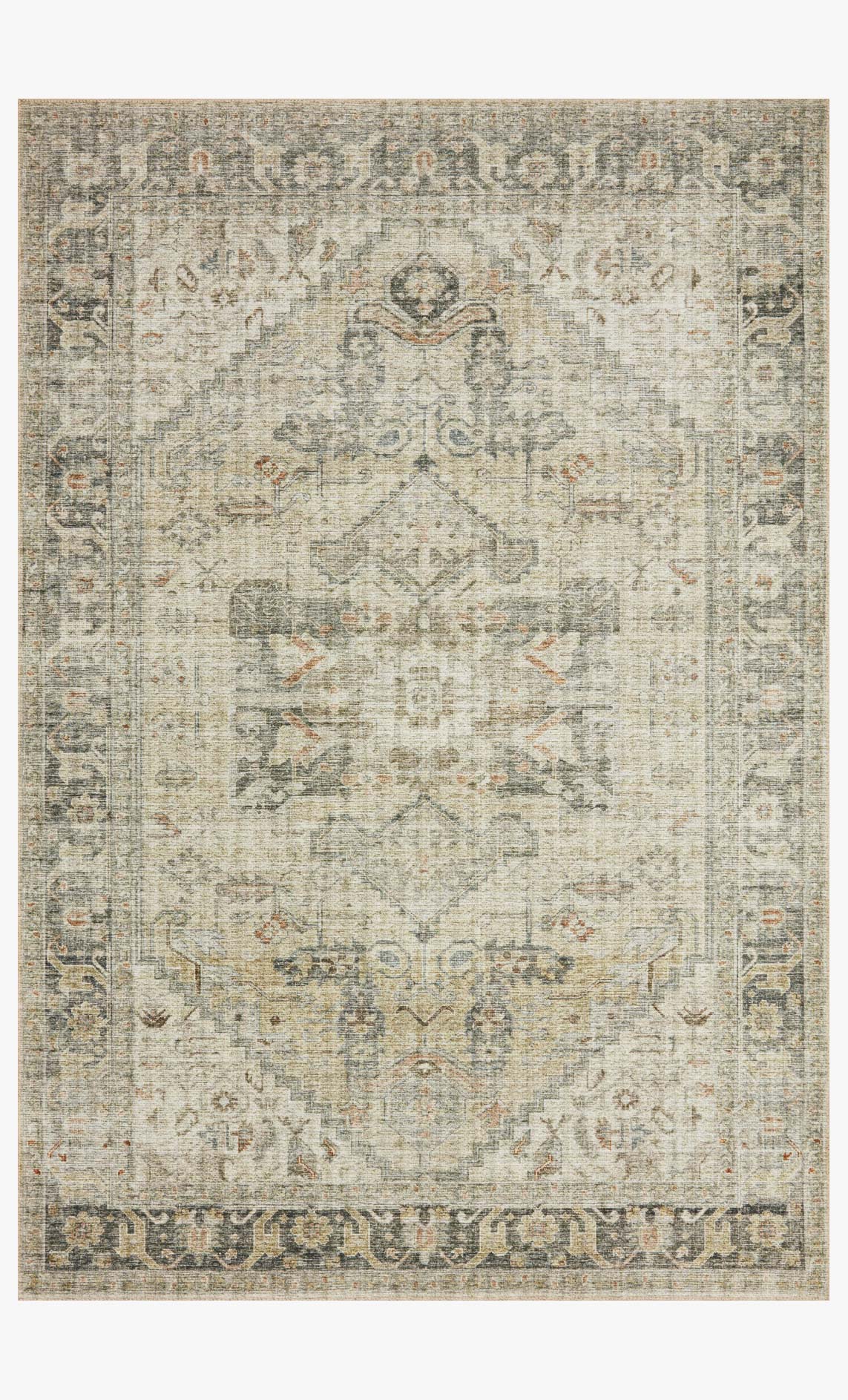 Natural sand power-loomed rug with ornate distressed medallion and border