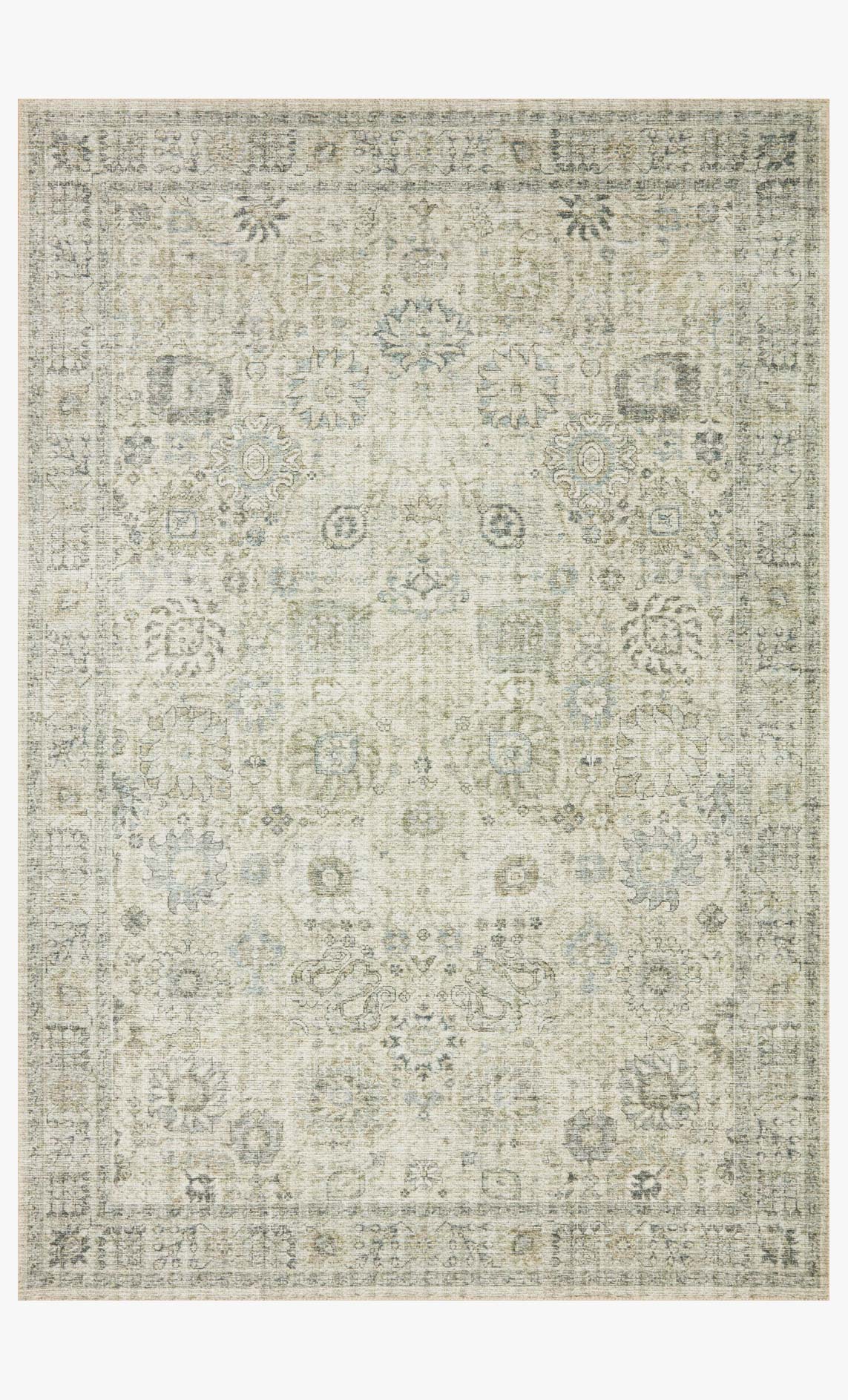 Power-loomed rug with natural and sage geometric medallion pattern