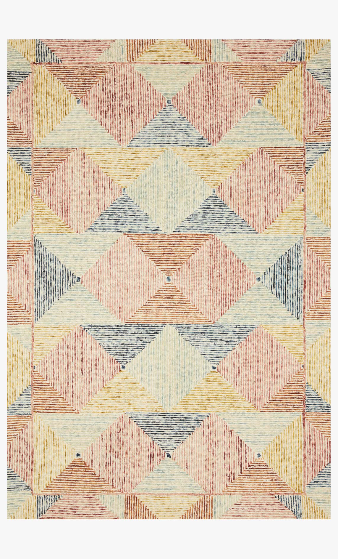Ivory hooked rug with multicolor geometric diamond pattern in blue, coral, and yellow