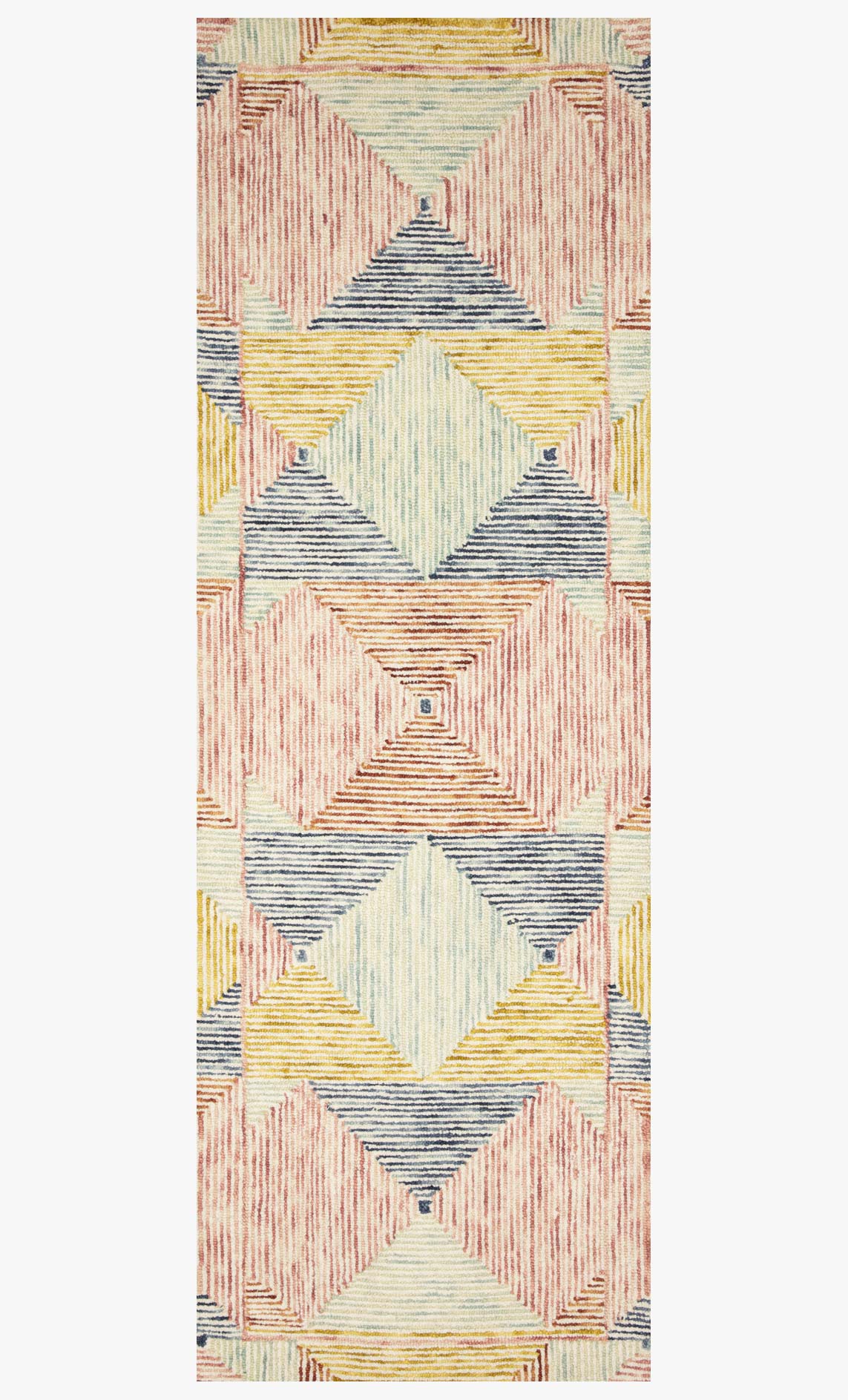Ivory hooked area rug with vertical geometric chevron and diamond pattern in coral and blue