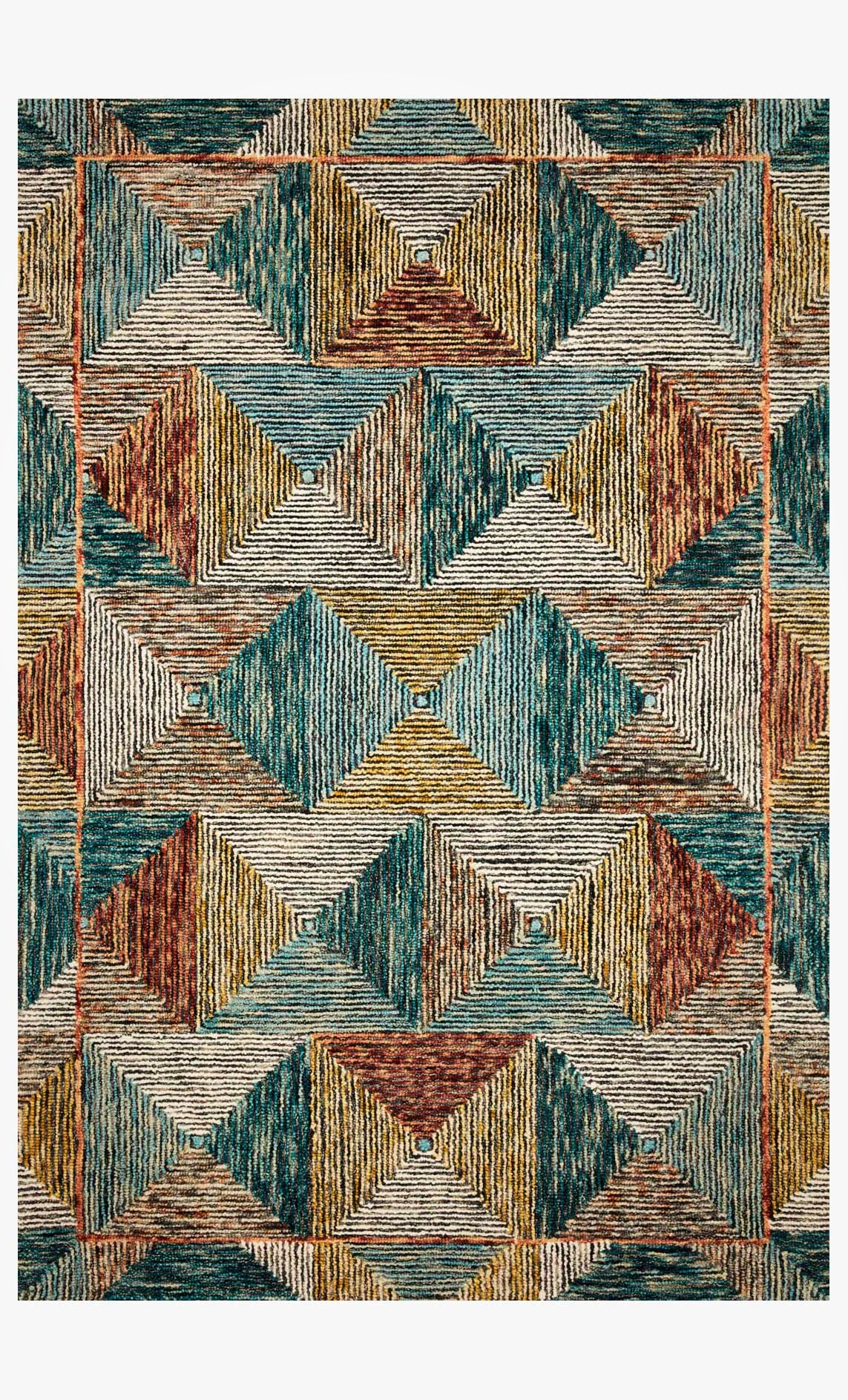 Geometric hooked rug with teal, tan, and spice orange diamond-and-Zigzag pattern.