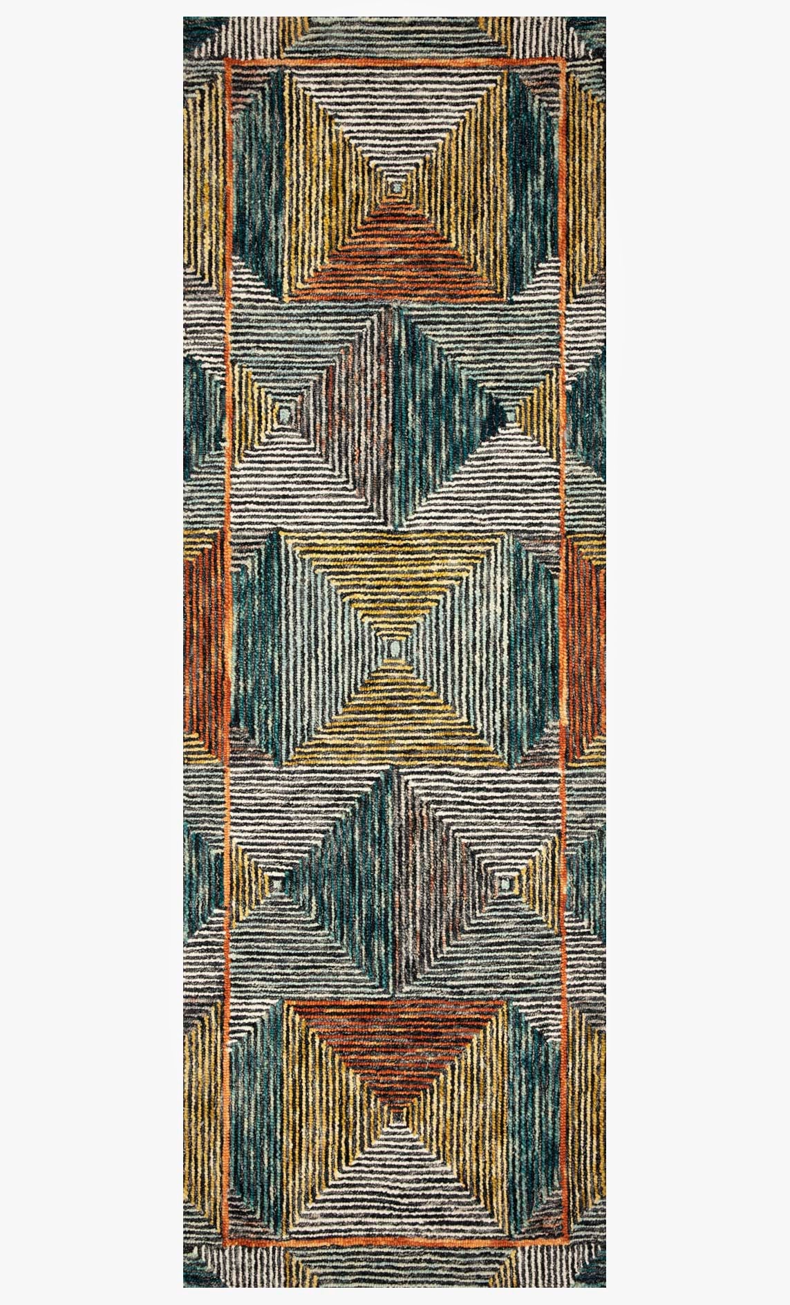 Rectangular hooked rug with vertical rows of diamond and chevron motifs in teal and orange.