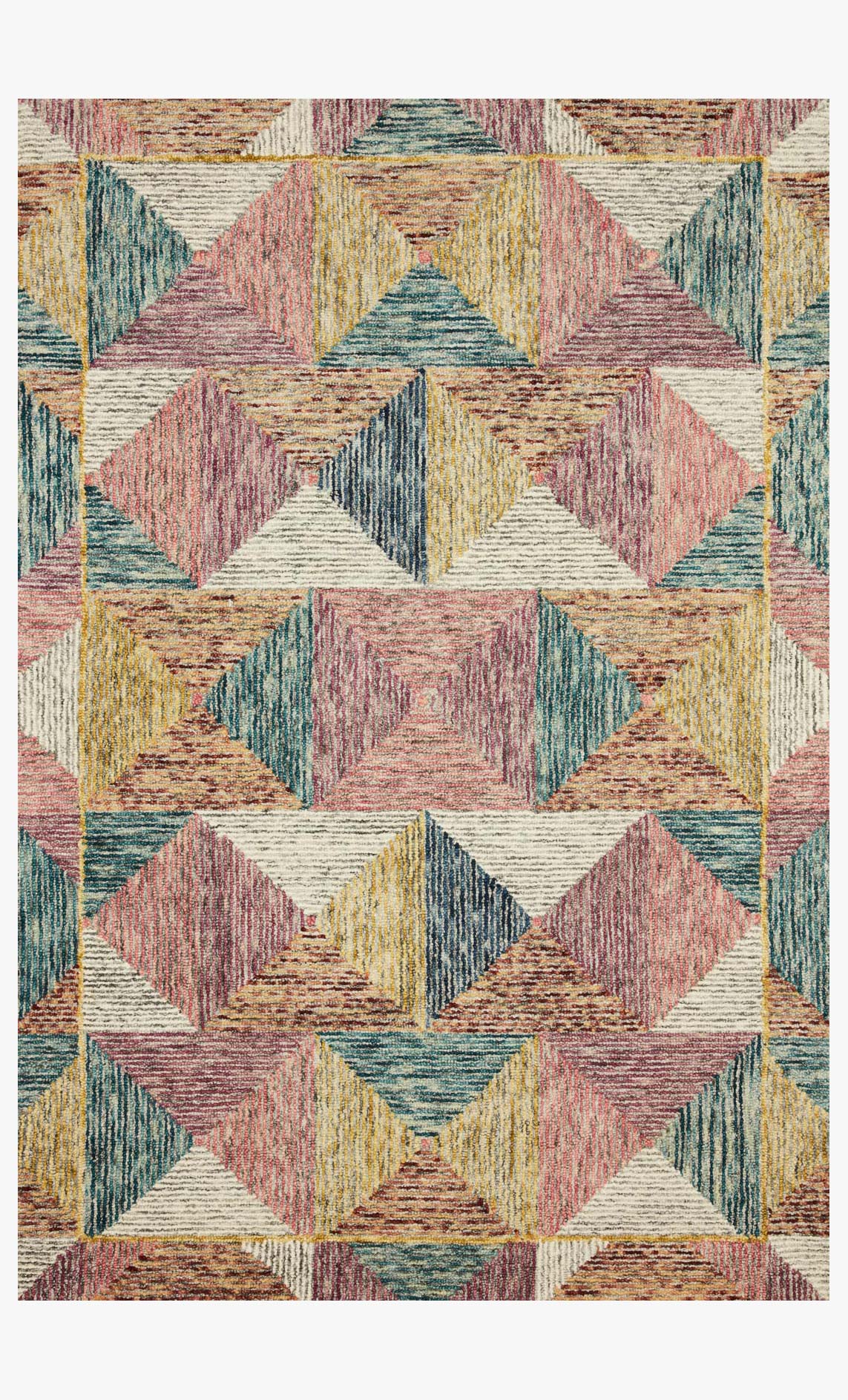 Hooked rug with multicolor diamond geometric pattern on a light ground