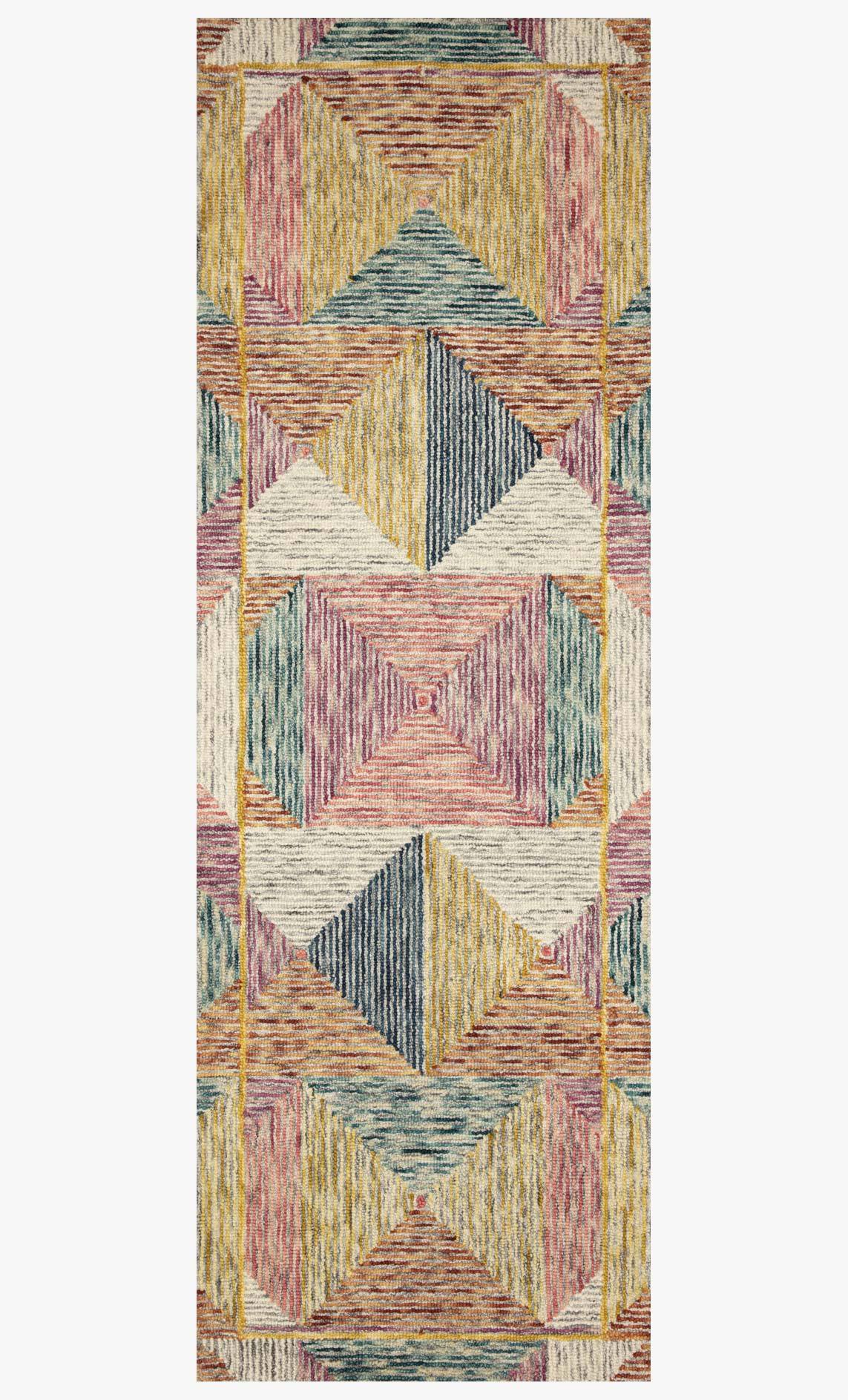 Tall multicolor hooked rug with stacked chevron and diamond motif on light base