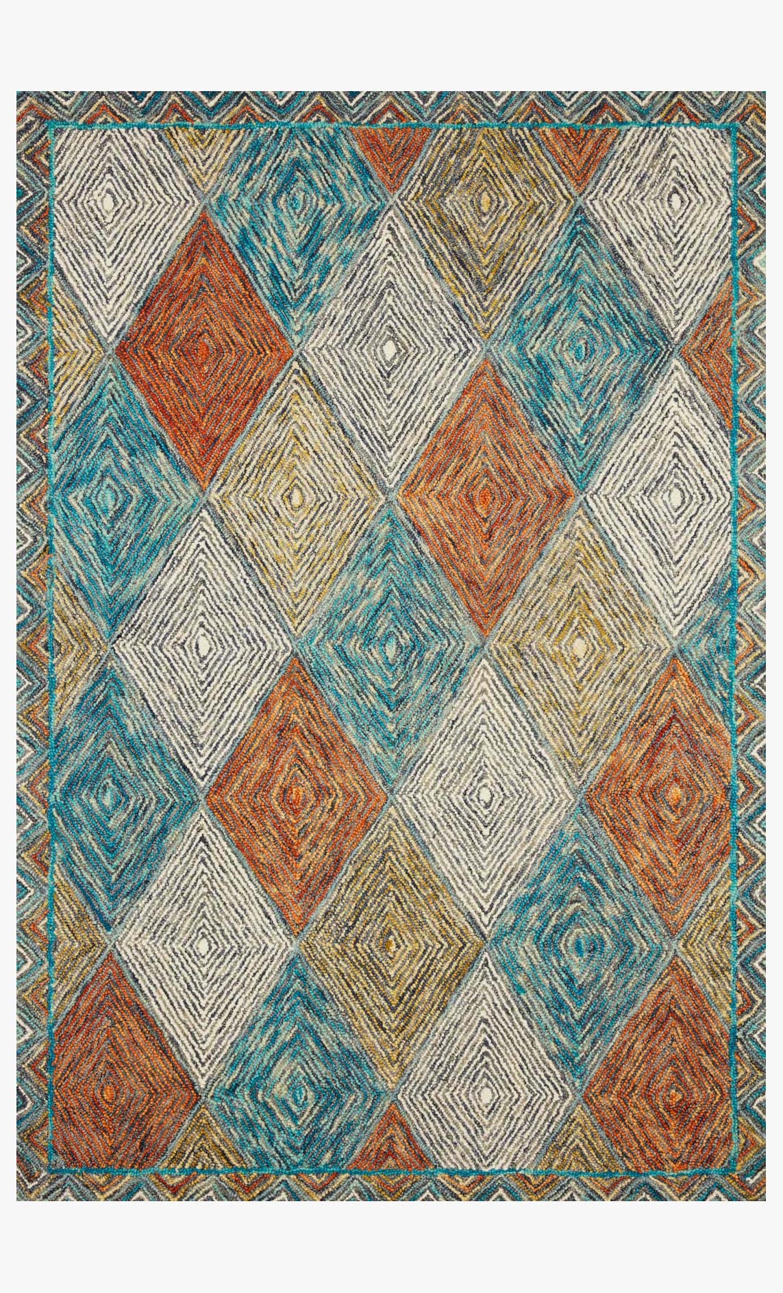 Hooked geometric rug with diamond pattern in off-white, teal, blue, and orange