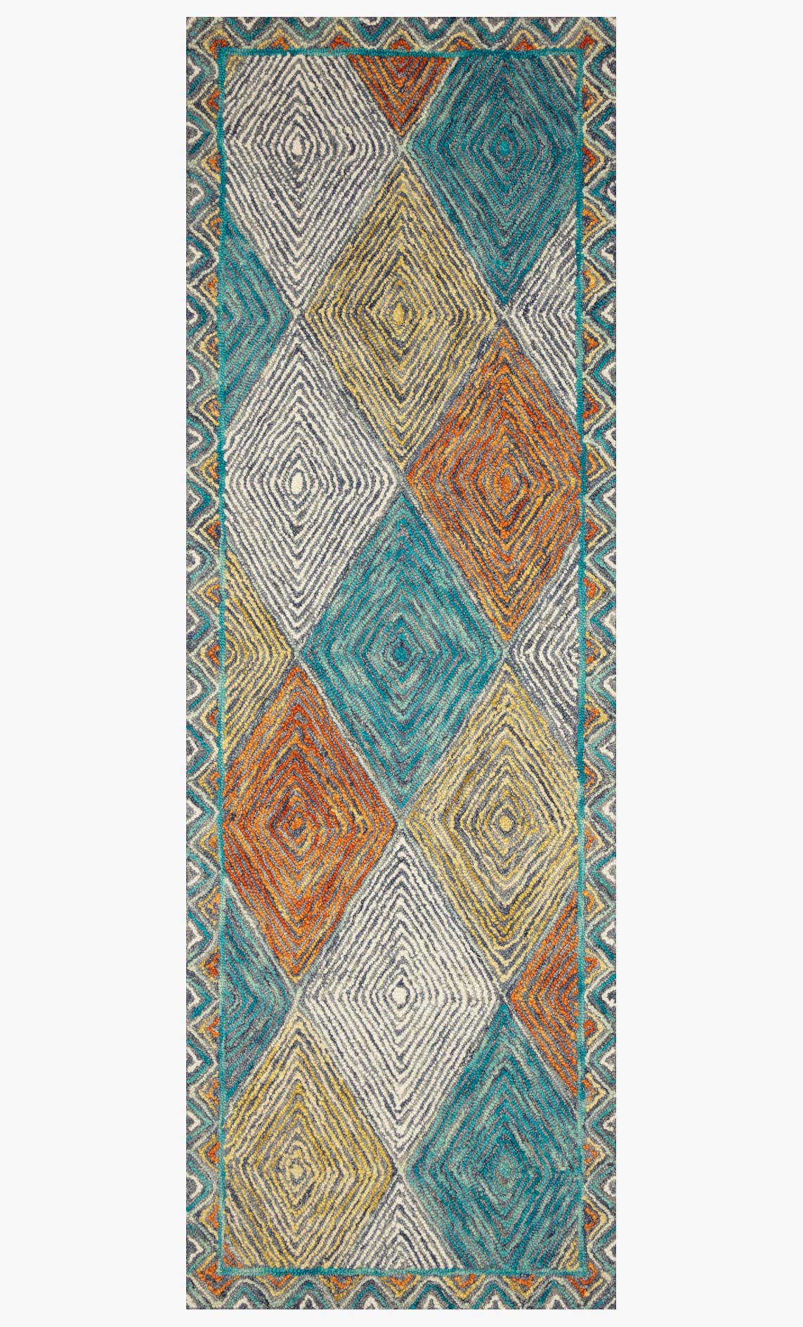 Vertical hooked rug with repeating diamond motif in cream, teal, and orange accents