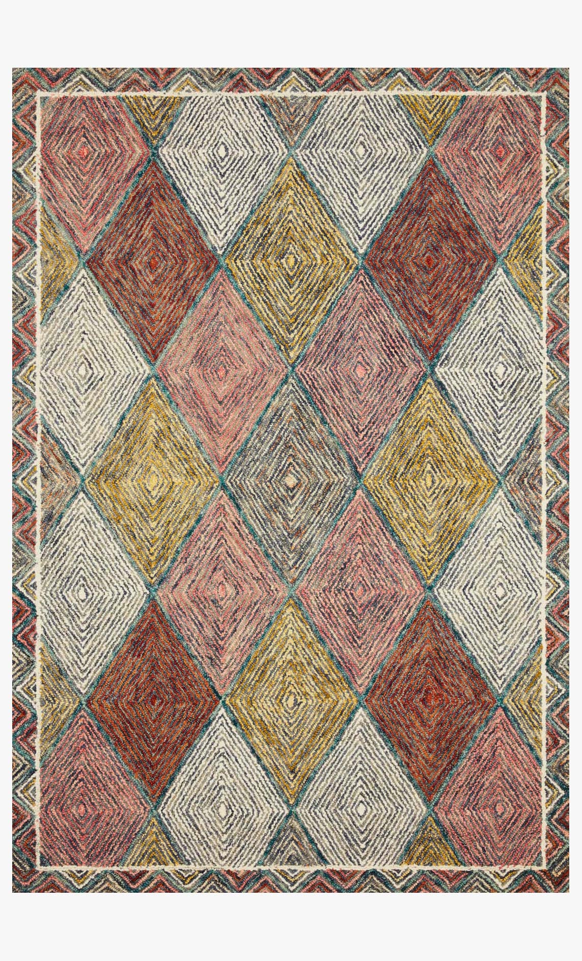Contemporary hooked area rug with turquoise, coral, yellow, and gray diamond patterns