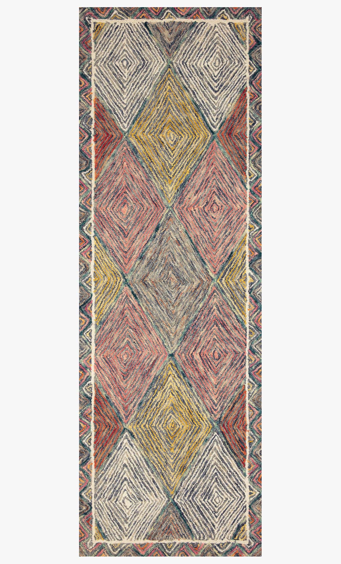 Hooked area rug with tall multicolor chevron and diamond pattern in turquoise and coral