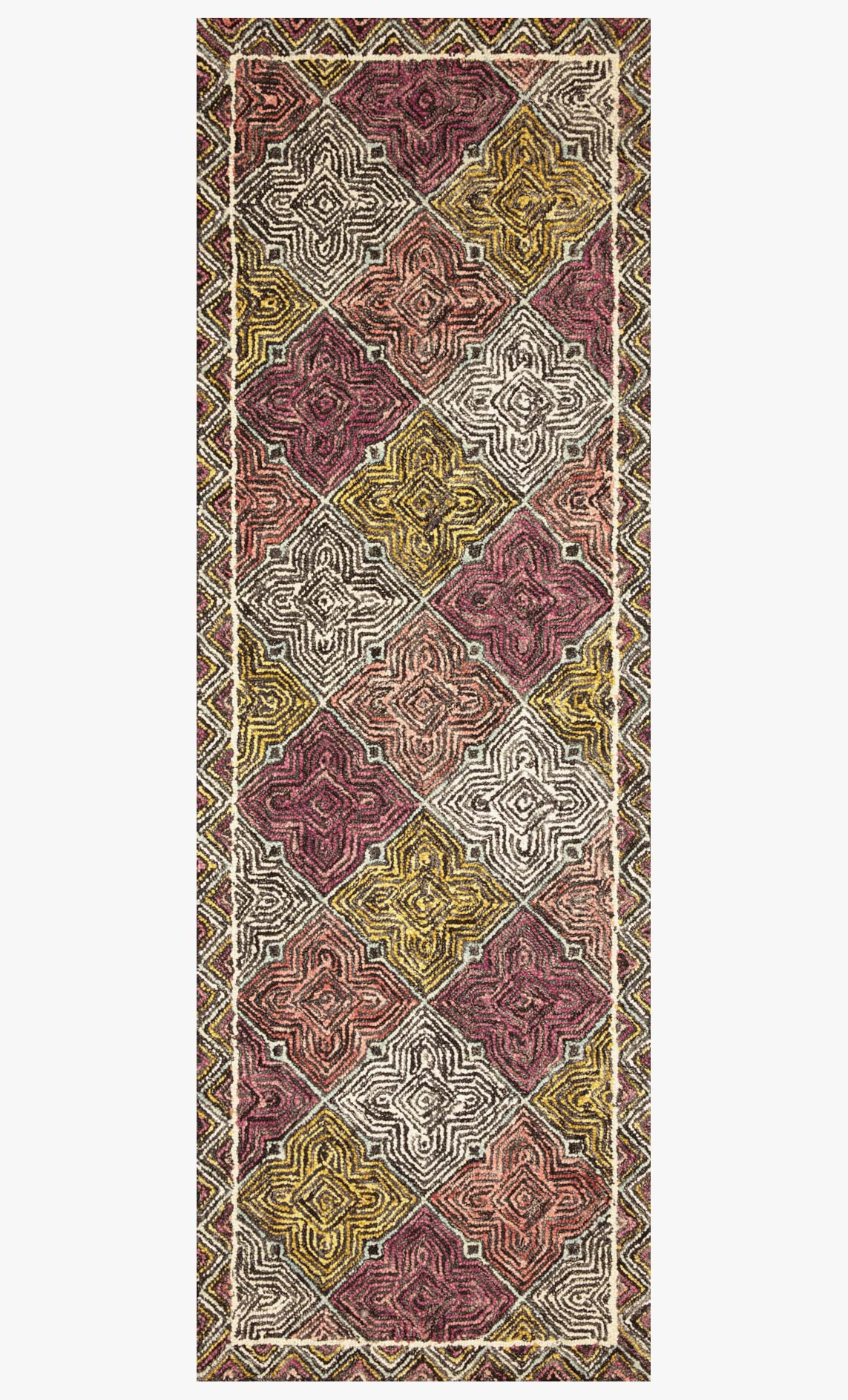Rectangular contemporary hooked rug with multicolor geometric pattern and thin border.