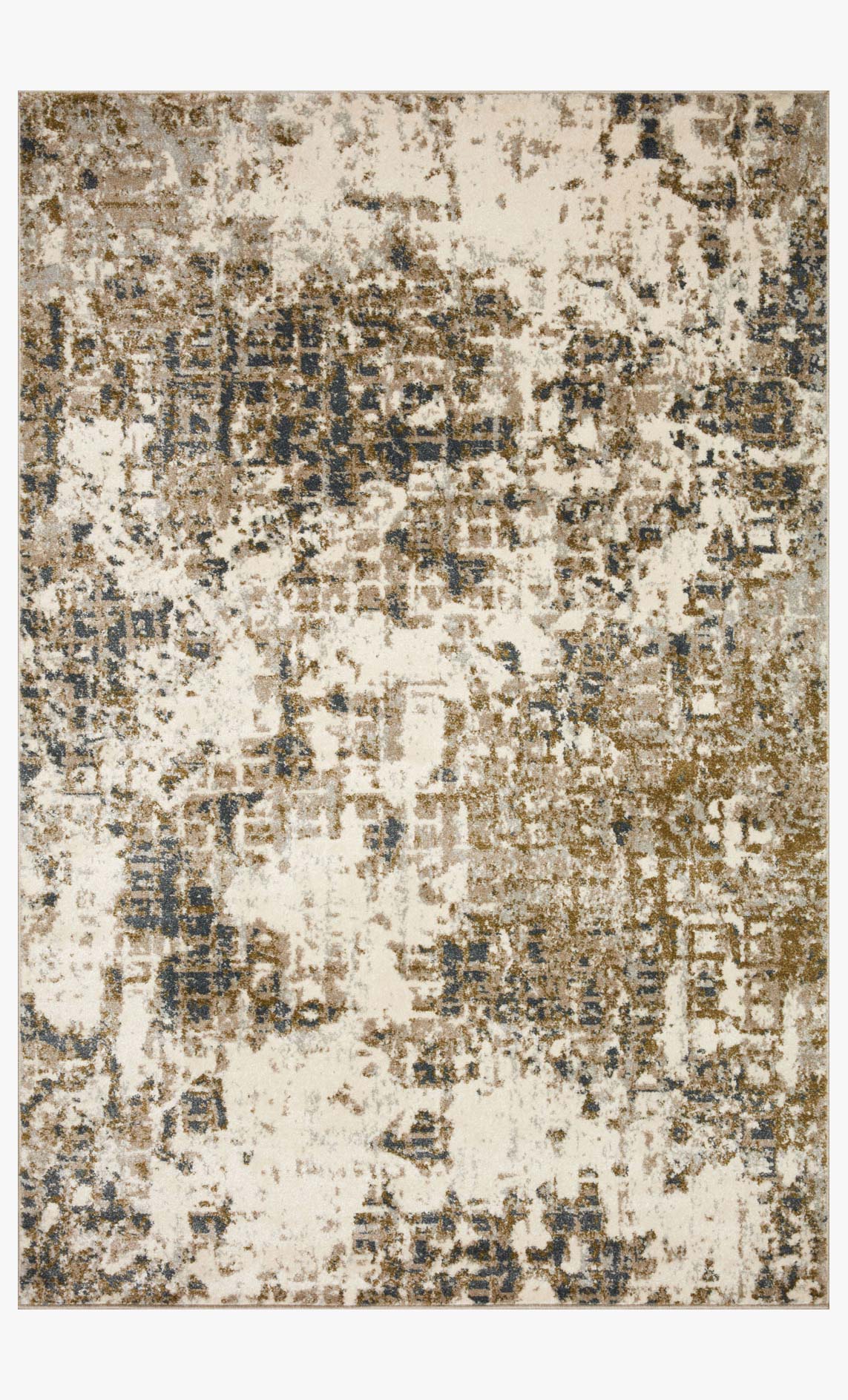 Distressed abstract area rug, light beige with pewter and olive-toned pattern