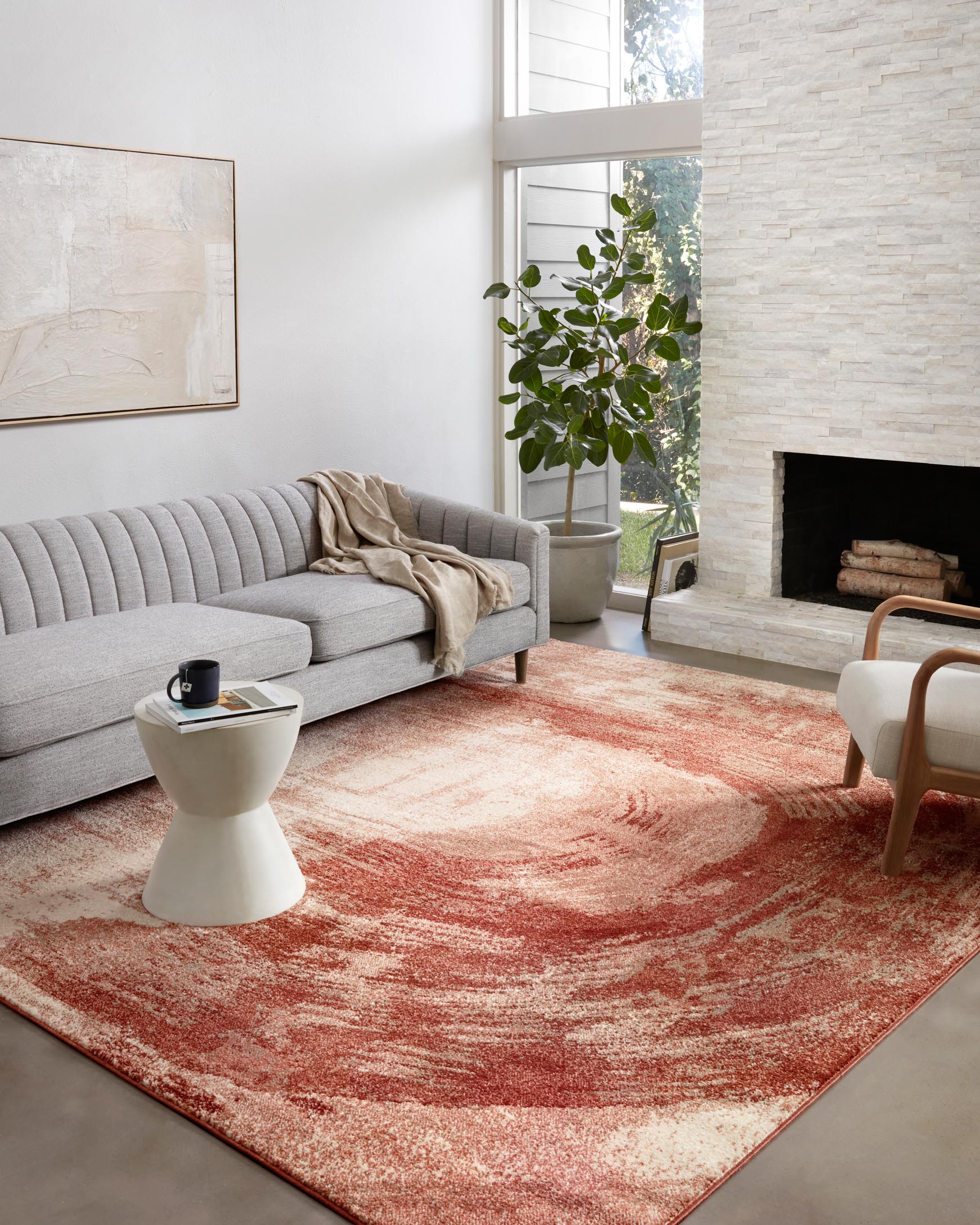 Rose and spice abstract area rug, rectangular with mottled swirl design