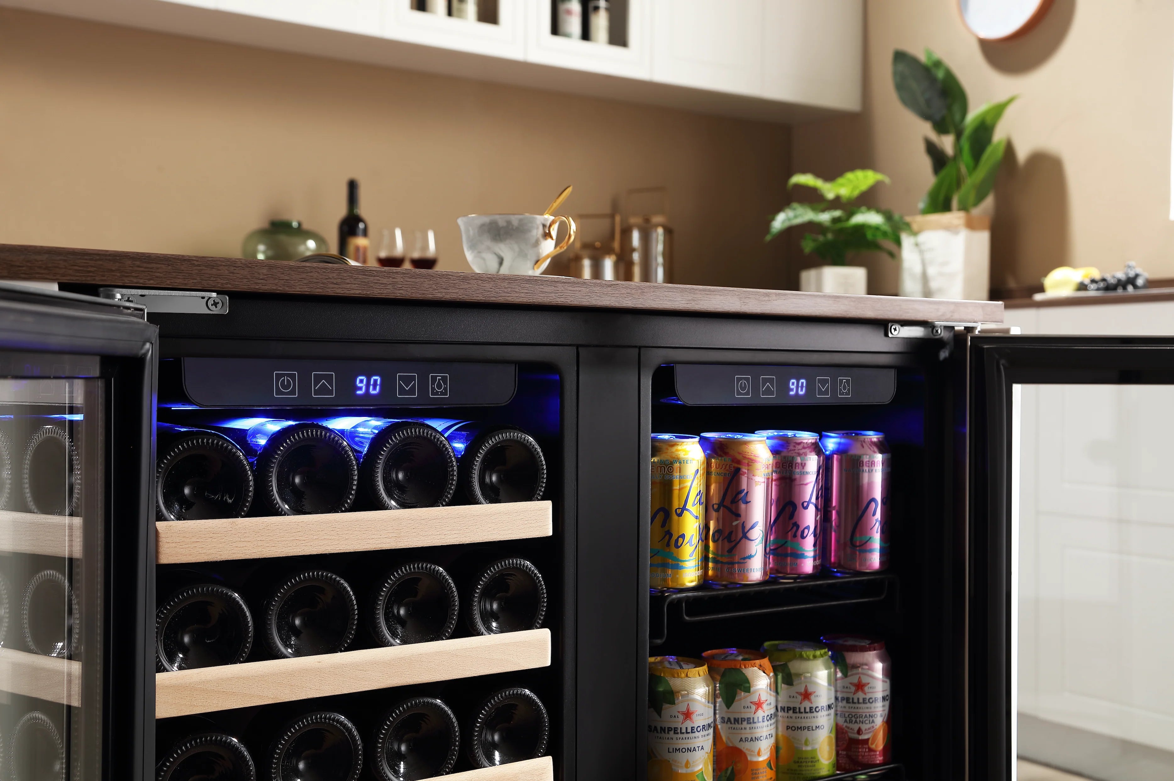 Built-in dual-zone wine cooler with glass door: bottles on left shelves, cans on right