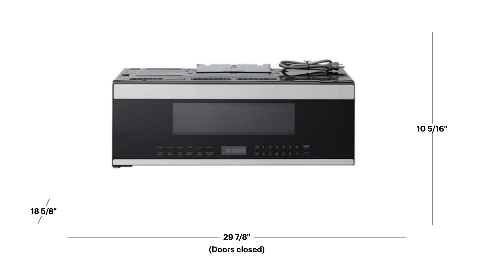 Over-the-range microwave oven front view with size measurements (18 5/8" and 10 5/16")
