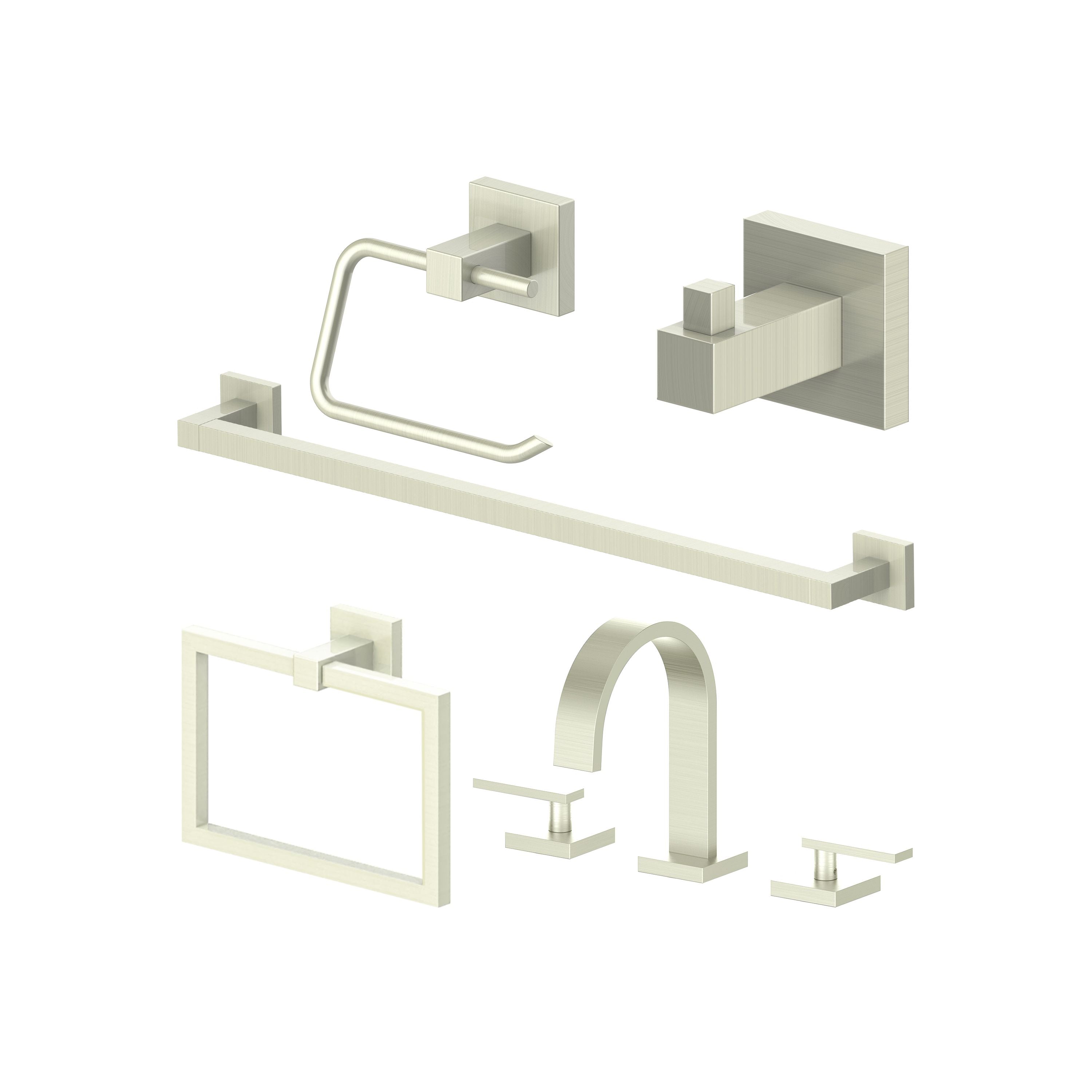 Brushed nickel bathroom accessory set with towel rail, hook, ring, and toilet paper holder