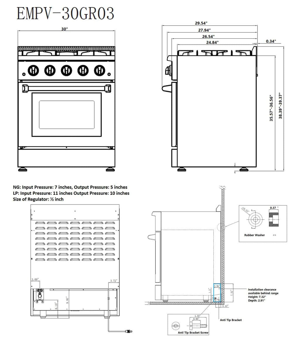 EMPV-30GR03 freestanding gas range dimension and installation diagram with measurements