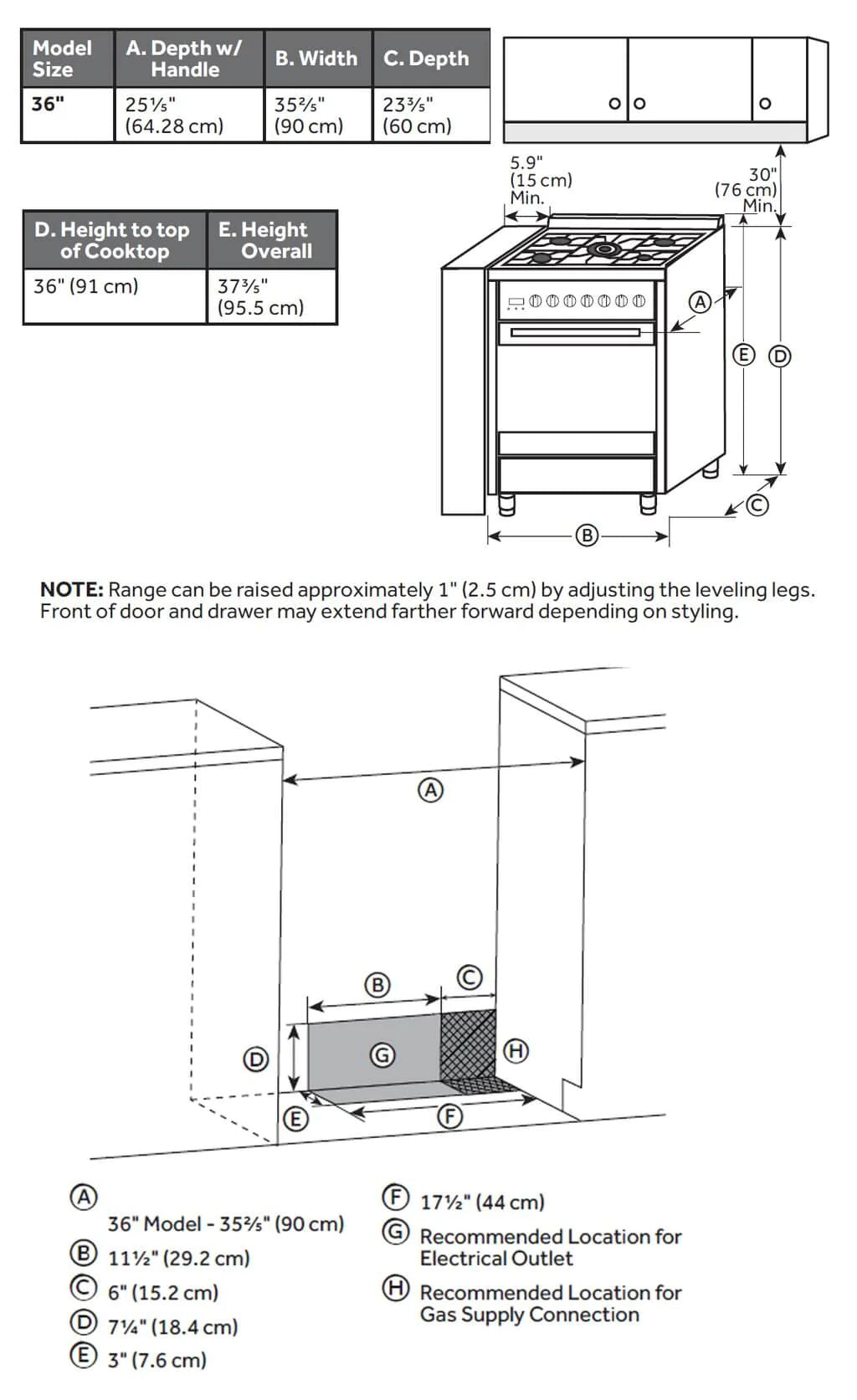 Freestanding gas range size diagram with dimensions and installation notes