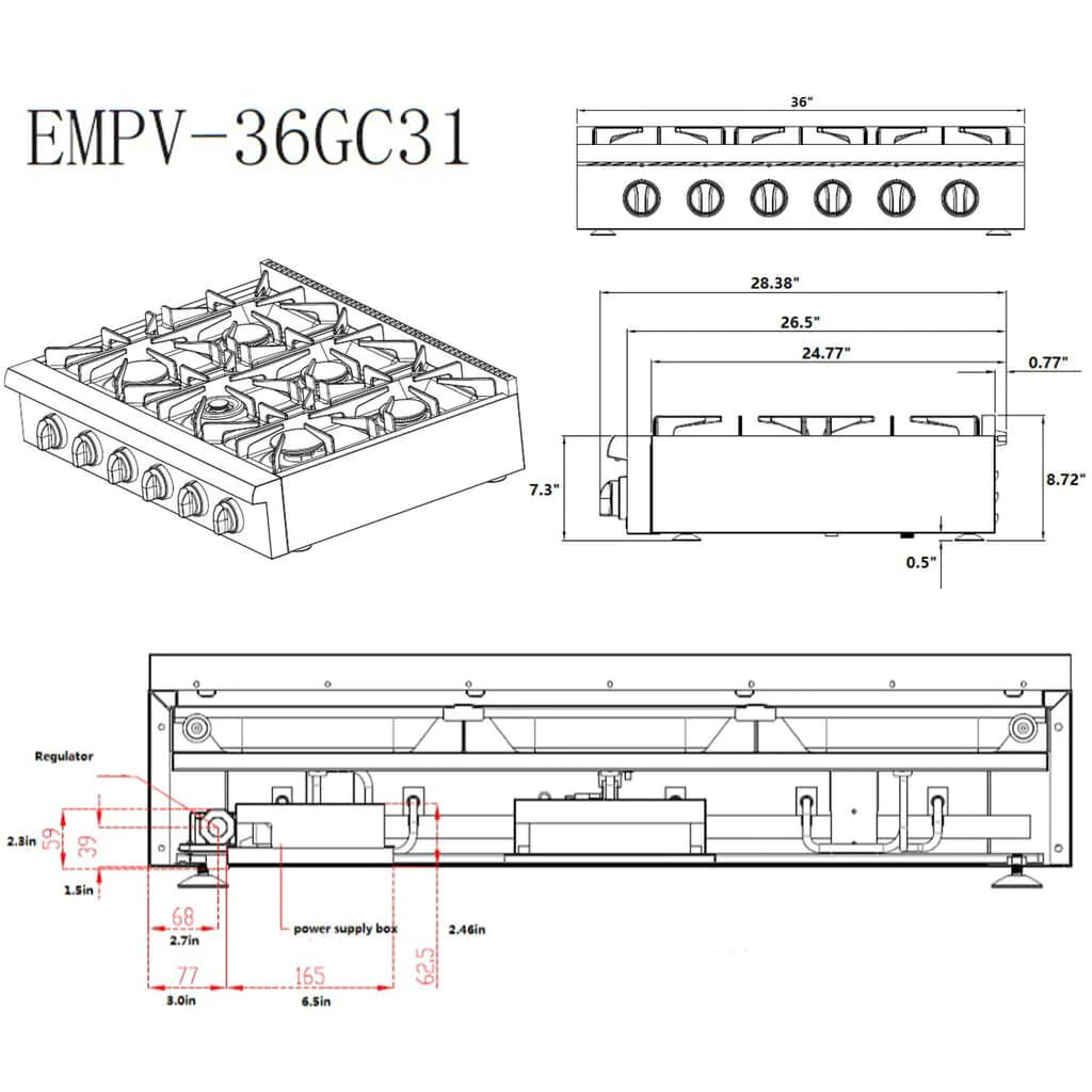 Technical diagram of slide-in natural gas cooktop layout with dimensions and parts