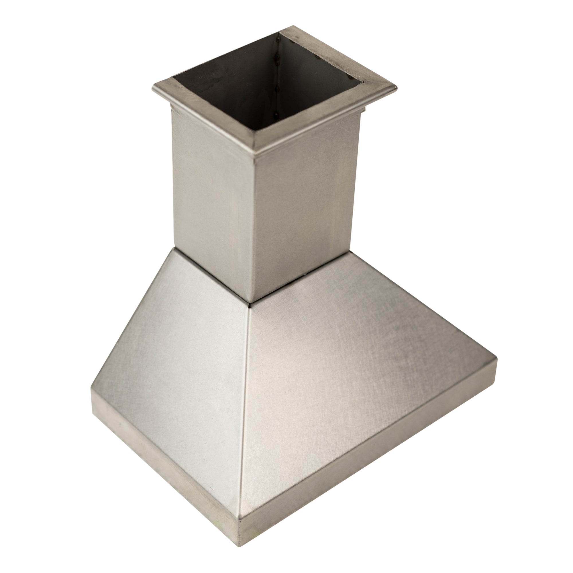 Mini satin stainless steel range hood with square duct opening, open top