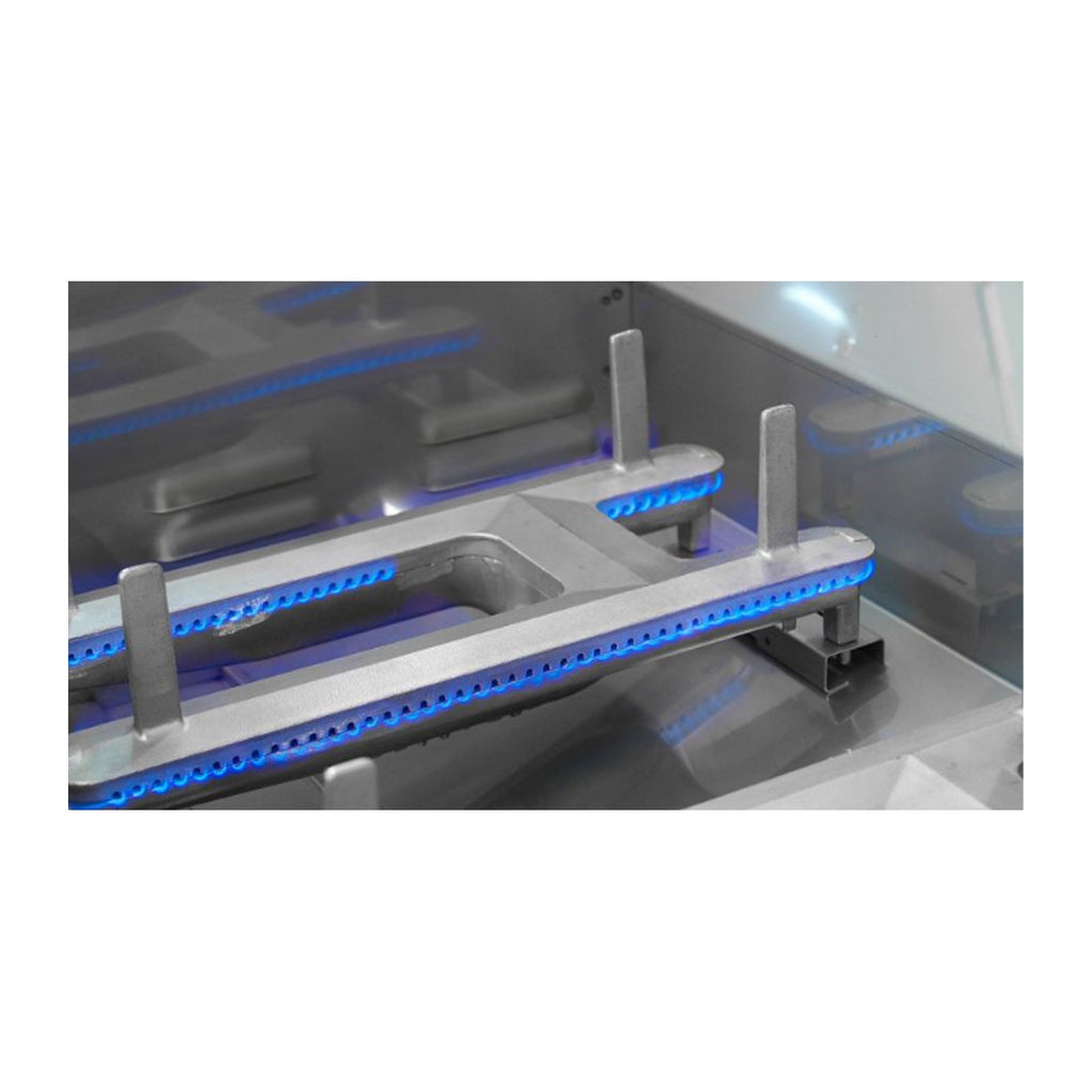Gas grill burner tubes with blue flame lighting inside the cooking chamber