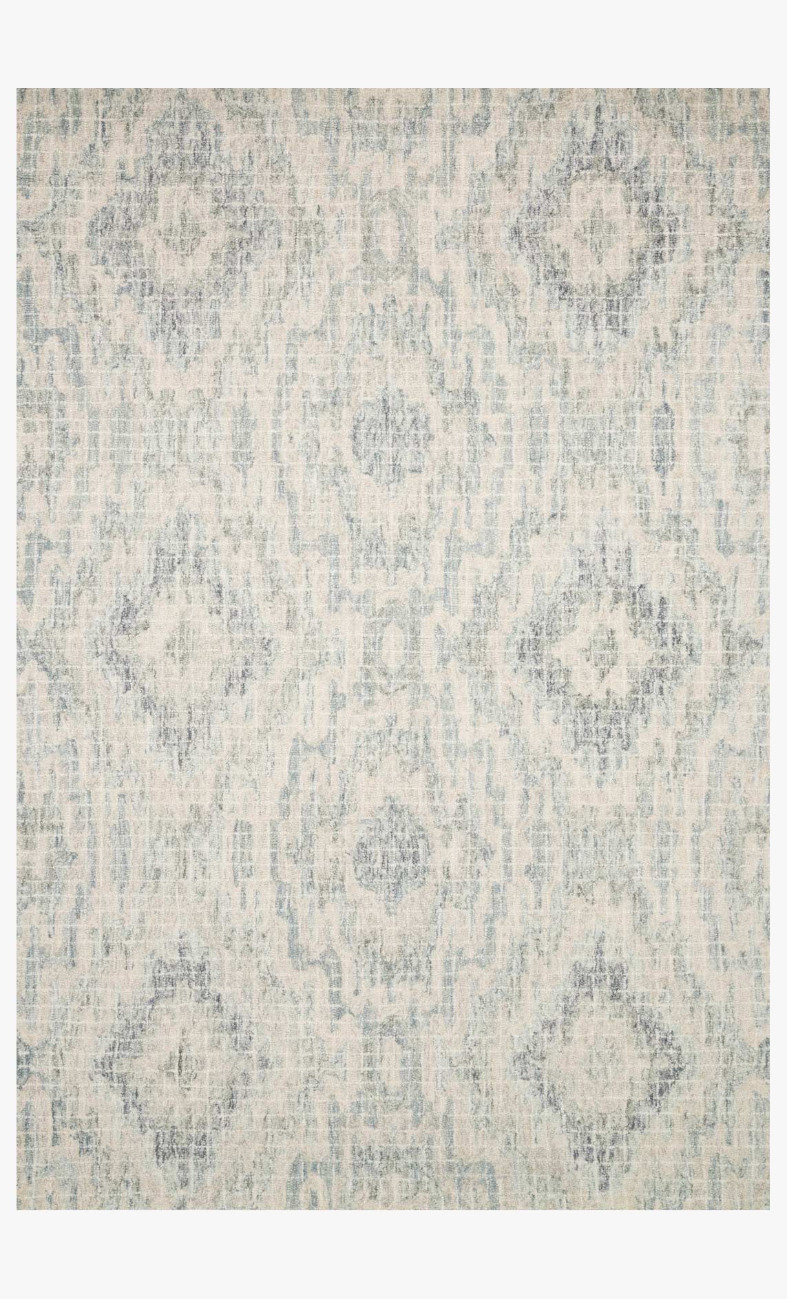 Transitional hooked rug in light slate blue and silver, abstract distressed pattern