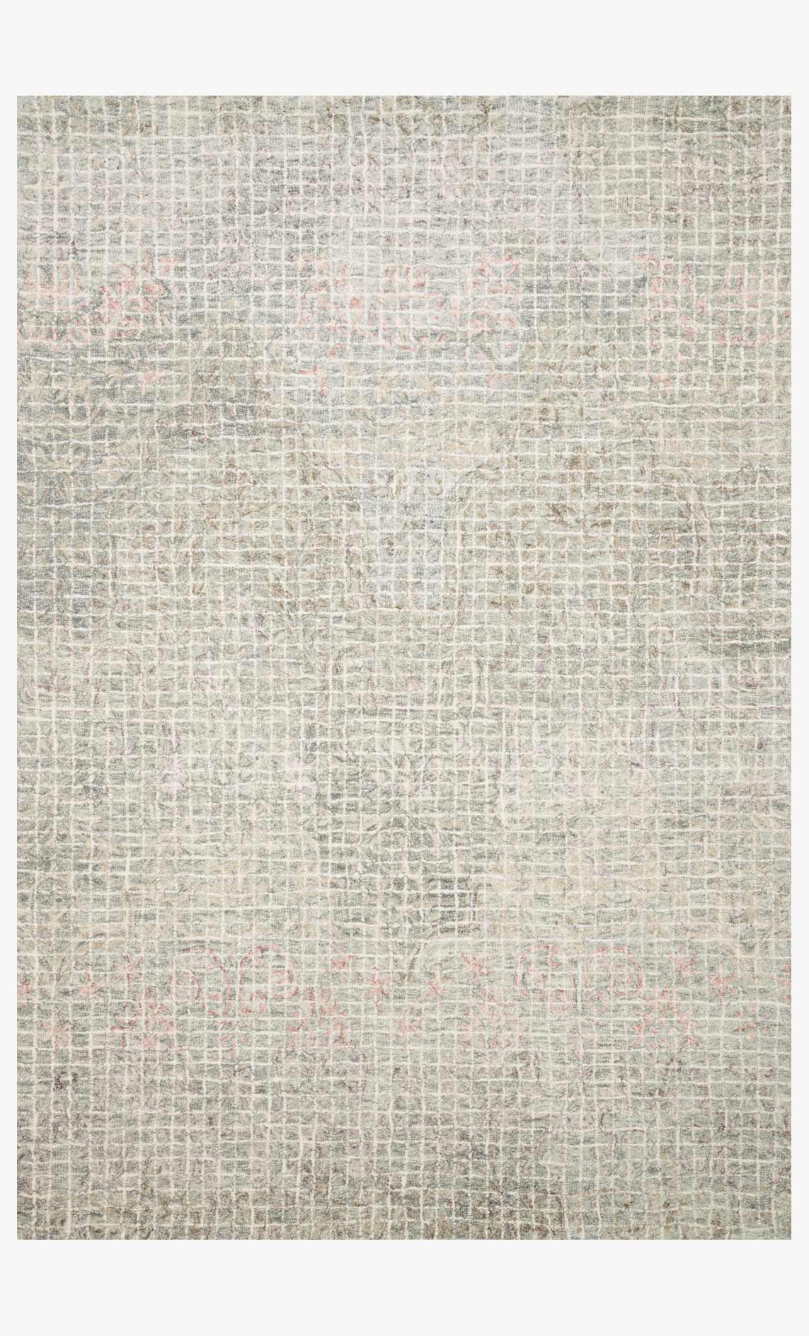Transitional hooked rug with grey base and subtle blush accents, textured grid pattern