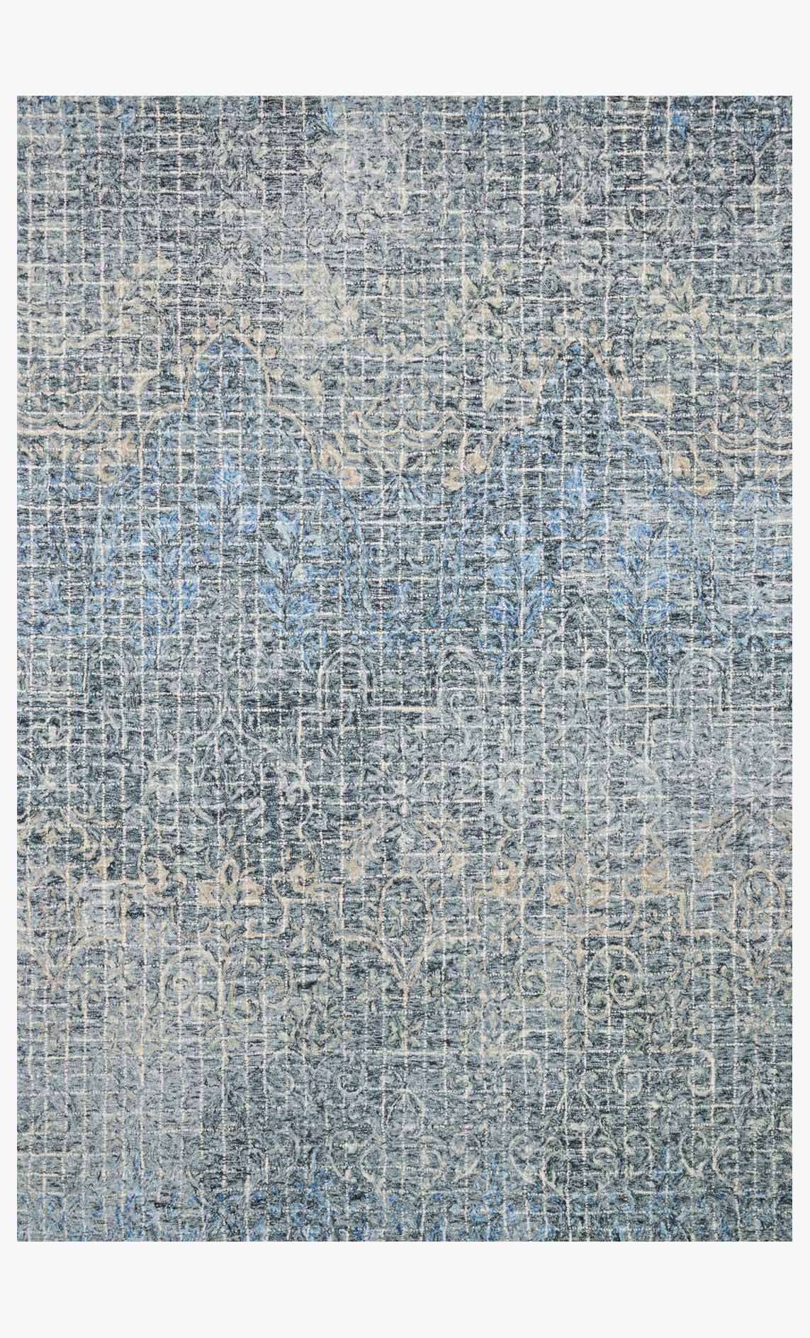 Transitional hooked rug, light blue with dark ink lines and abstract grid texture