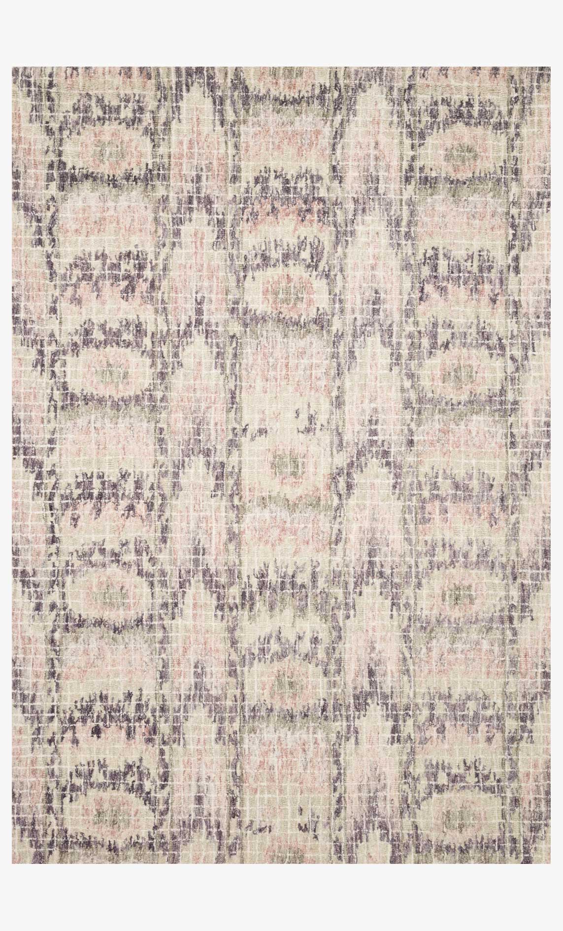 Blush hooked rug with abstract distressed pattern and short pile