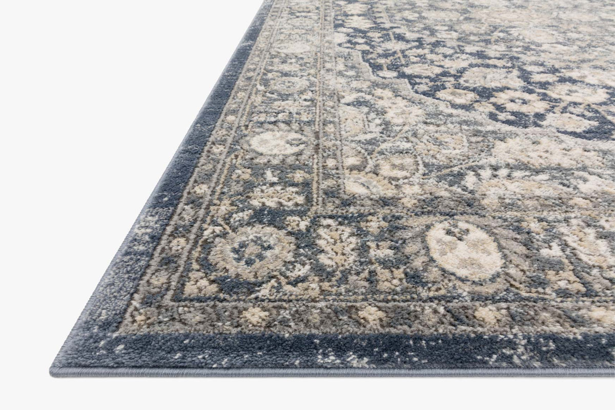 Loloi II Teagan Collection rug corner detail in denim and mist with ornate light-and-dark pattern